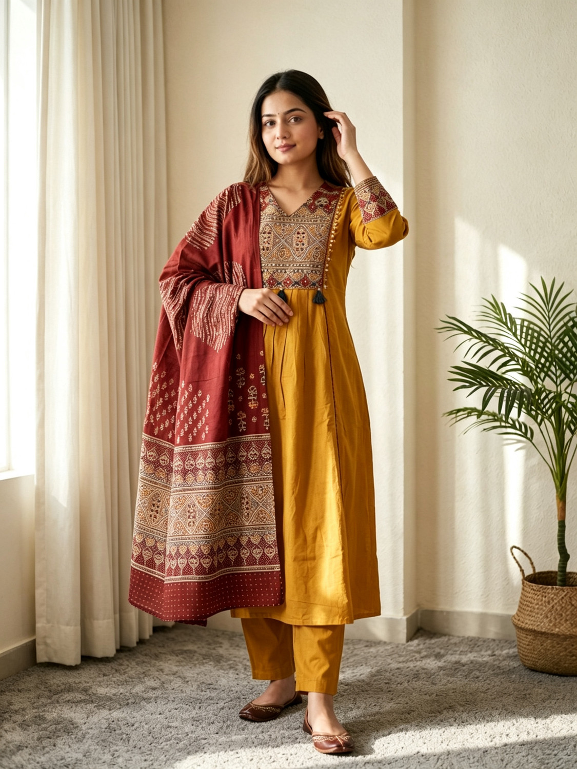 Image of MHIZHA Women Kurta Pant Dupatta Set