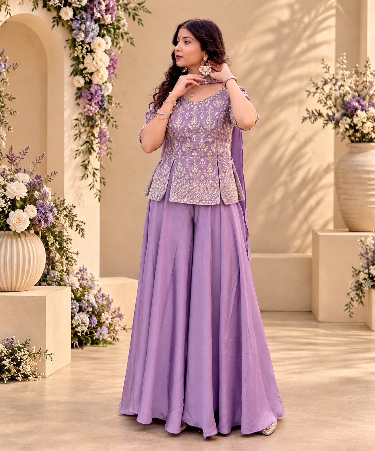 Image of Creeper Women Silk Blend Ethnic Top Sharara Dupatta Set