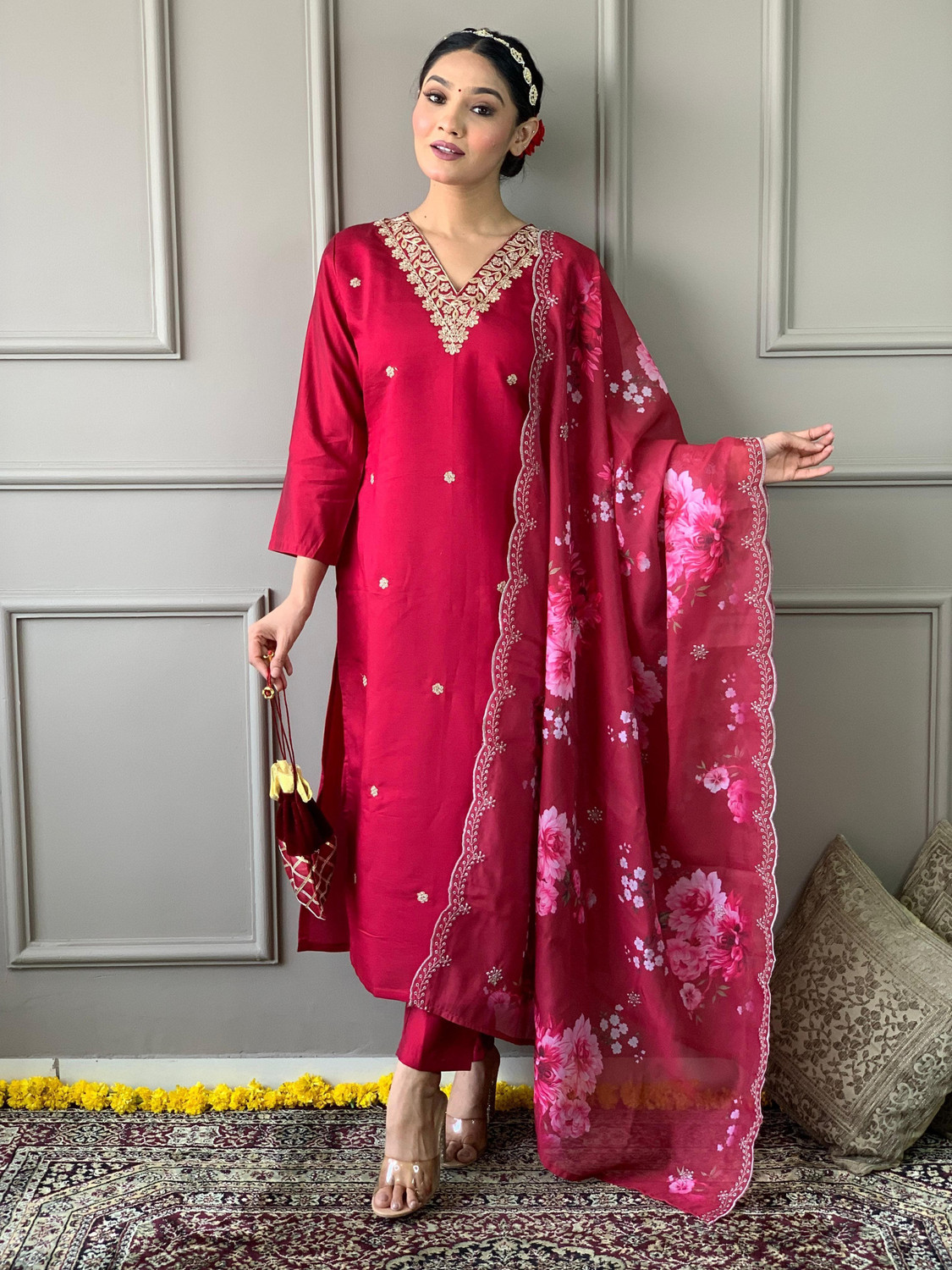 Image of PILUDI HOUSE Women Kurti Pant Attached Dupatta Set