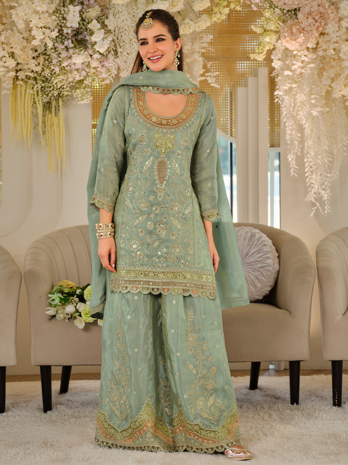 Image of Indo Era Women Kurta Palazzo Dupatta Set