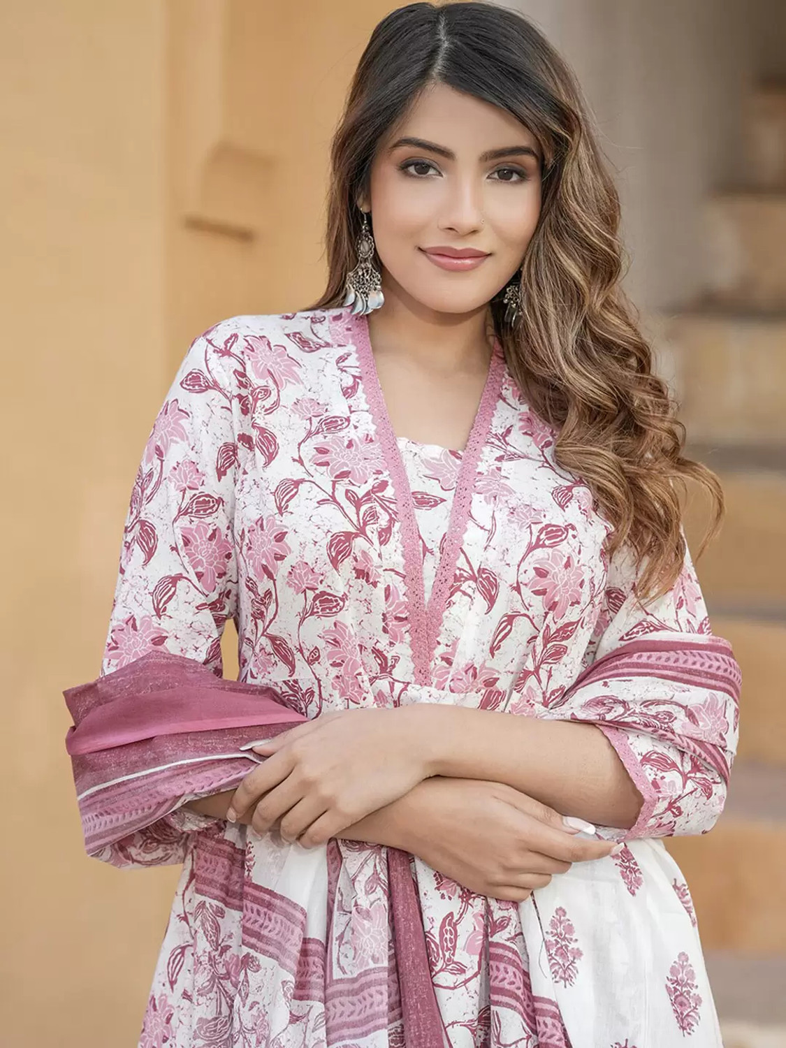 Image of Lamba Creations Floral Print Anarkali Kurta, Bottom & Dupatta Set
