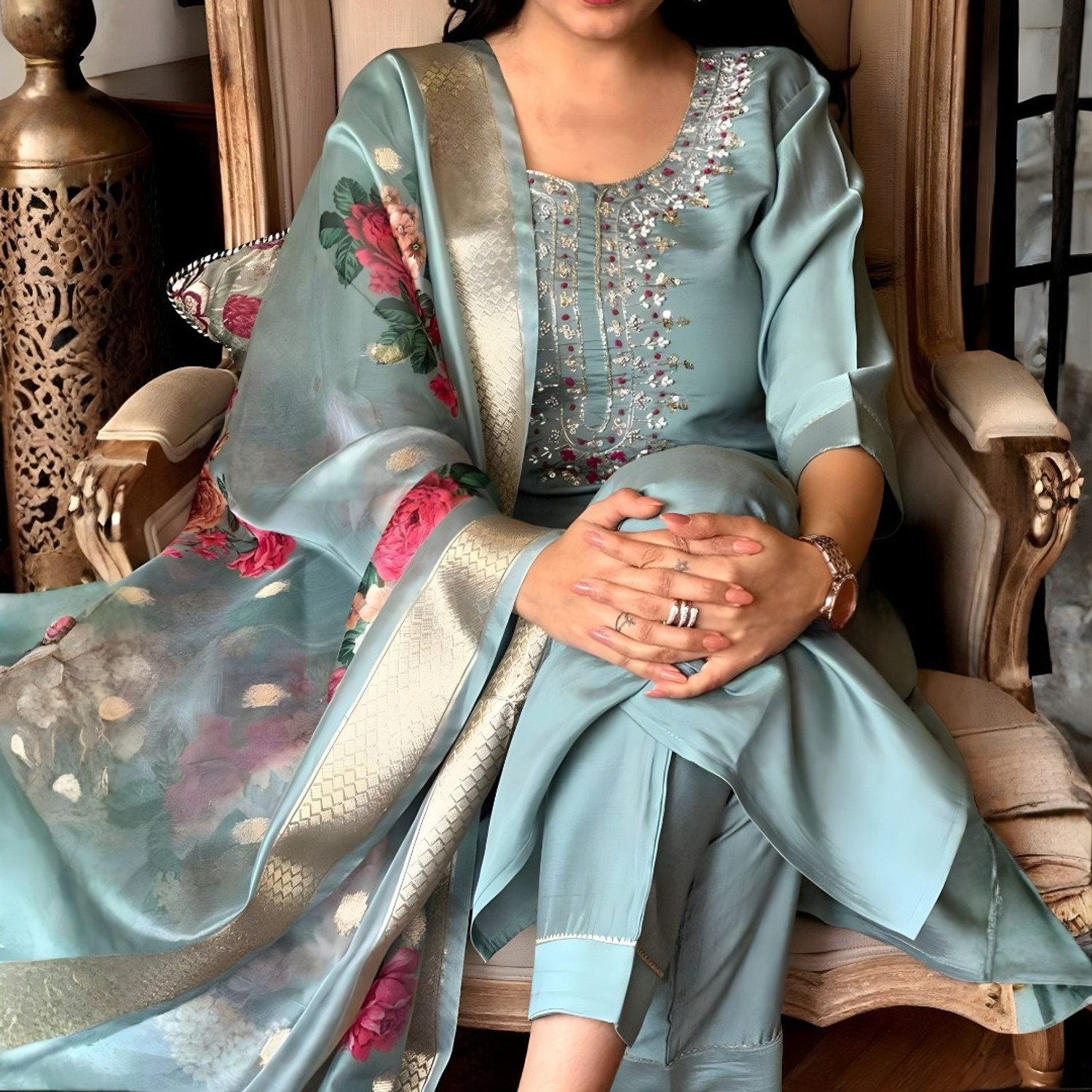 Image of AESTHETIC ENTERPRISE Embroidered Kurta, Trouser /Pant & Dupatta Set