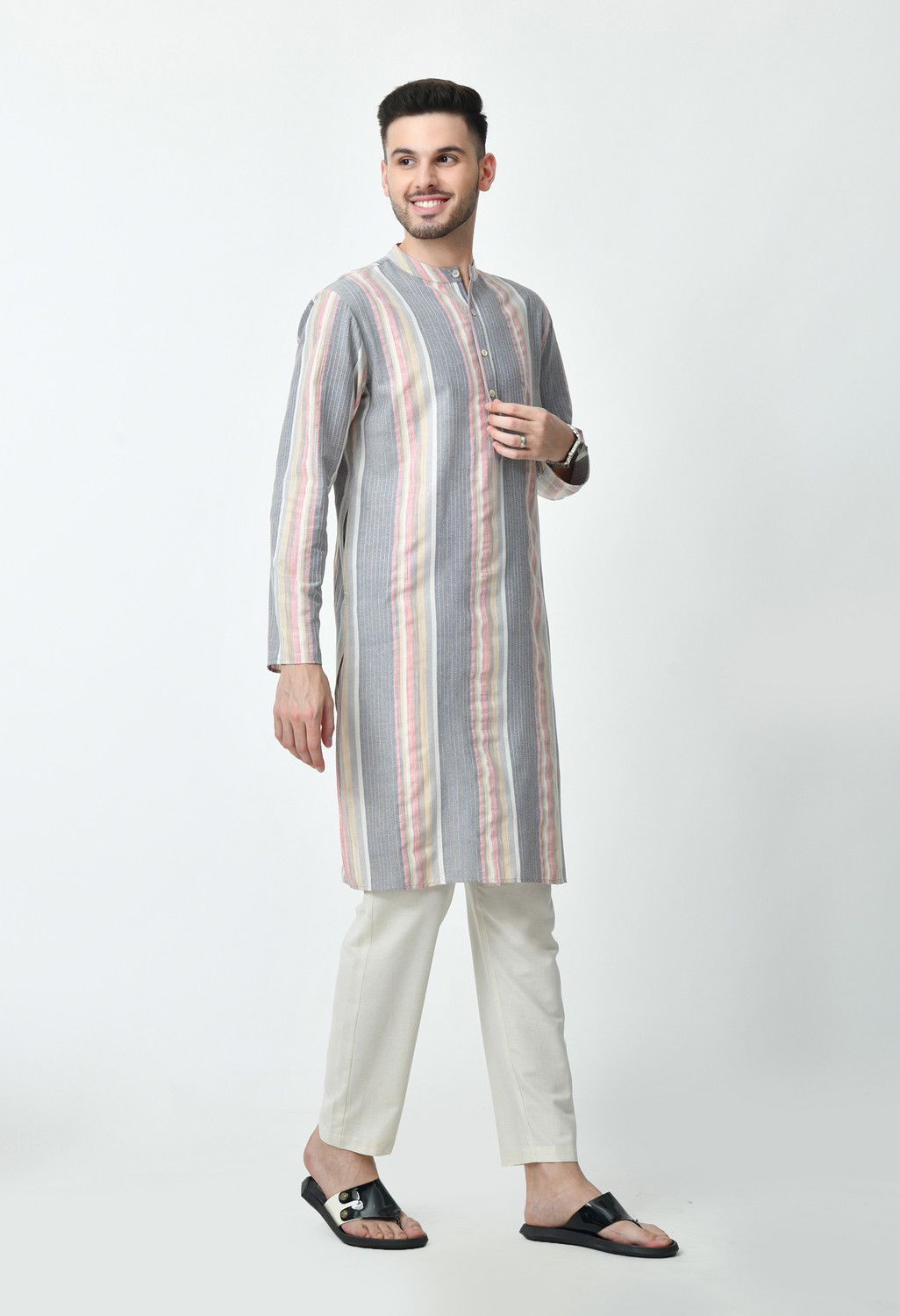 Image of OTIRA Men Striped Straight Kurta