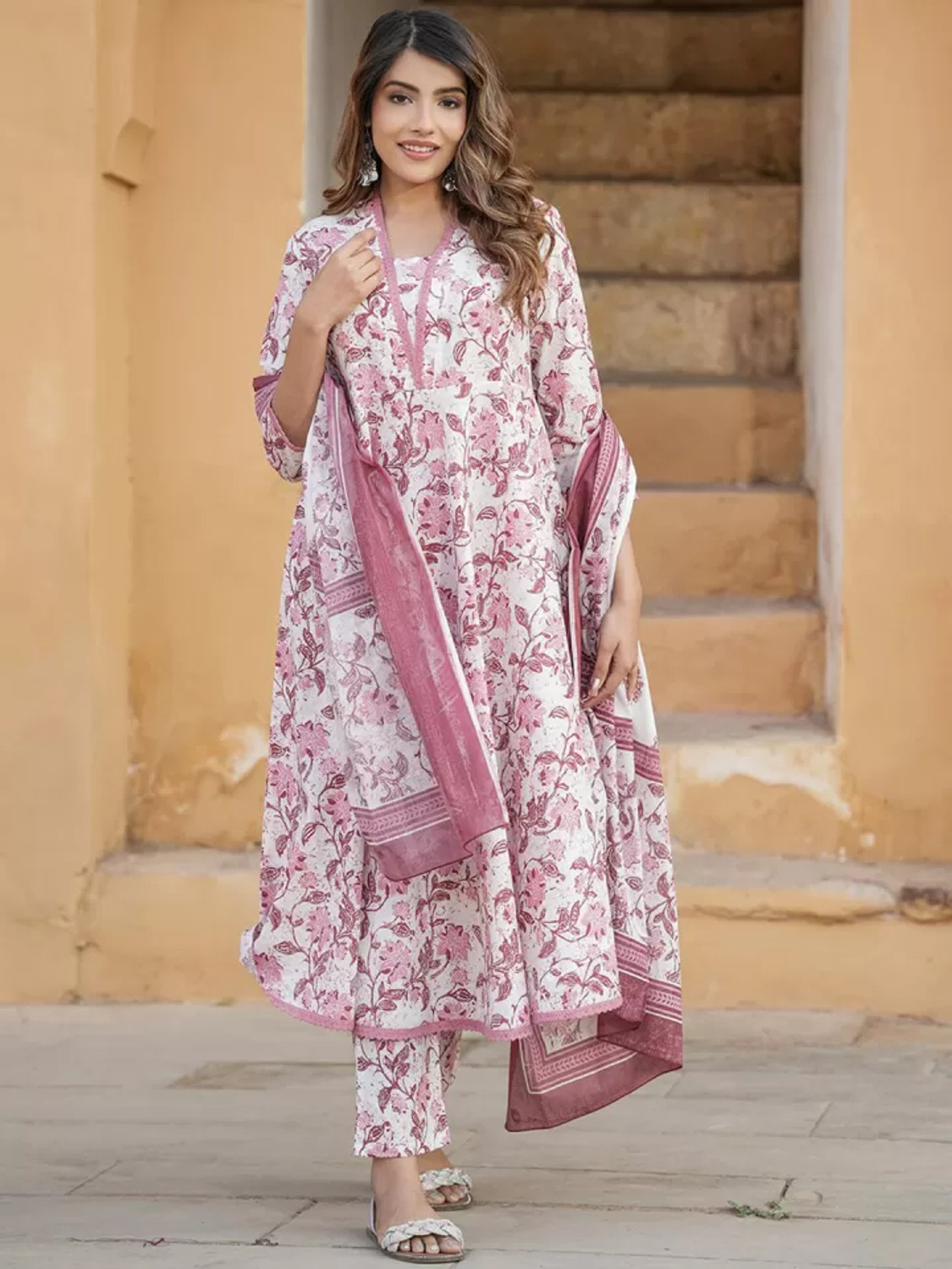 Image of Lamba Creations Floral Print Anarkali Kurta, Bottom & Dupatta Set