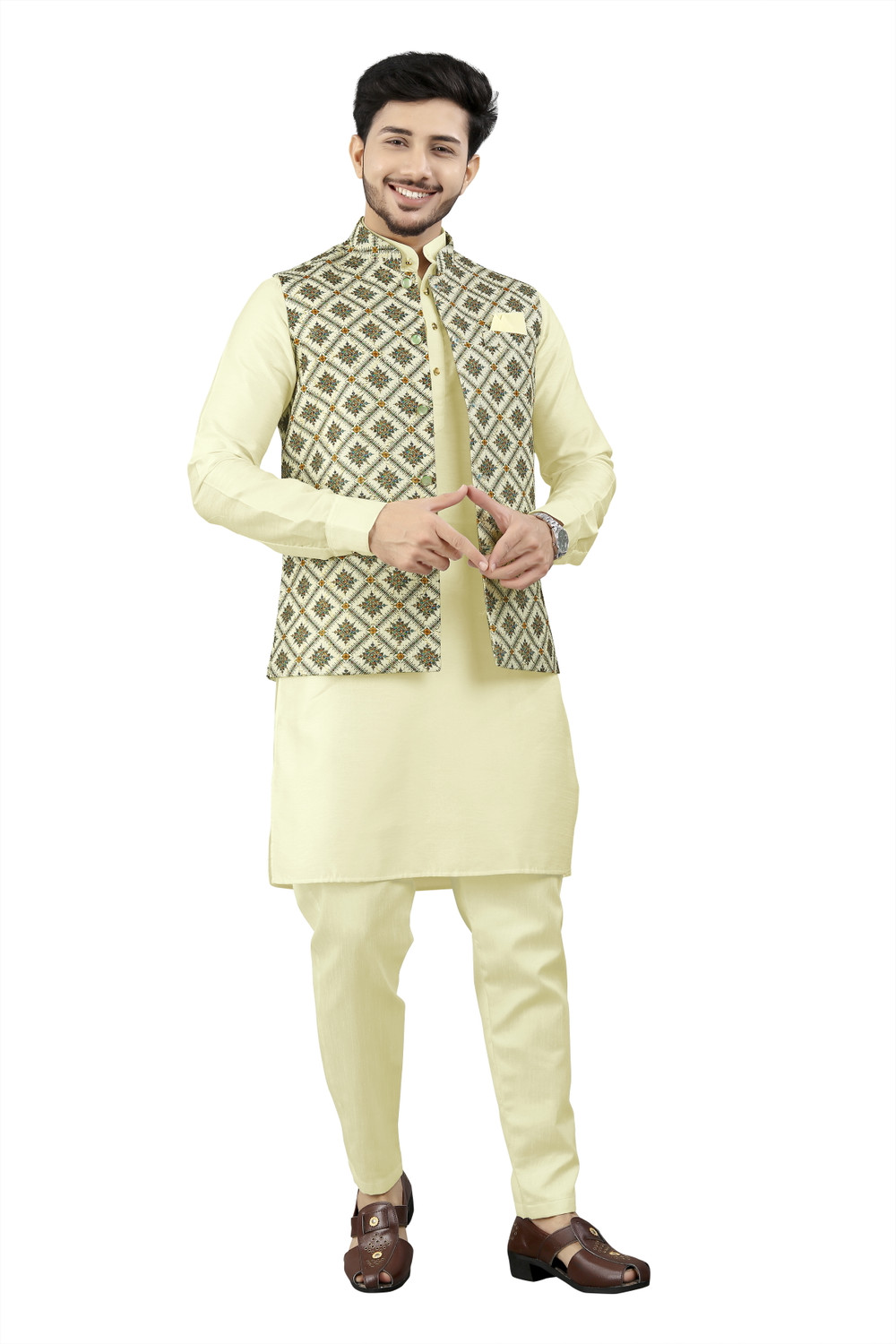 Image of click n buy Men Kurta Pyjama Ethnic Jacket Set