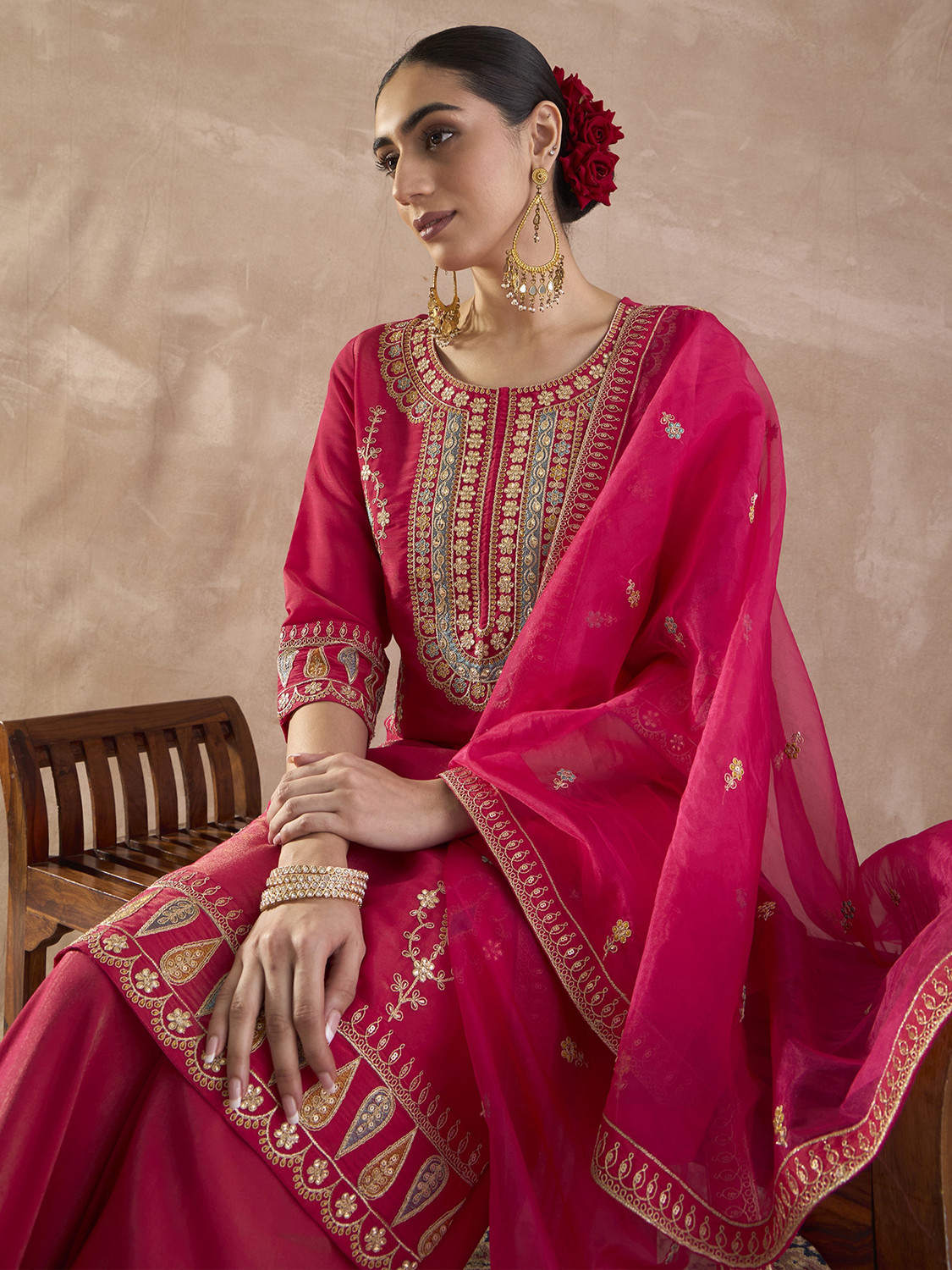 Image of Indo Era Women Silk Blend Kurta Palazzo Dupatta Set