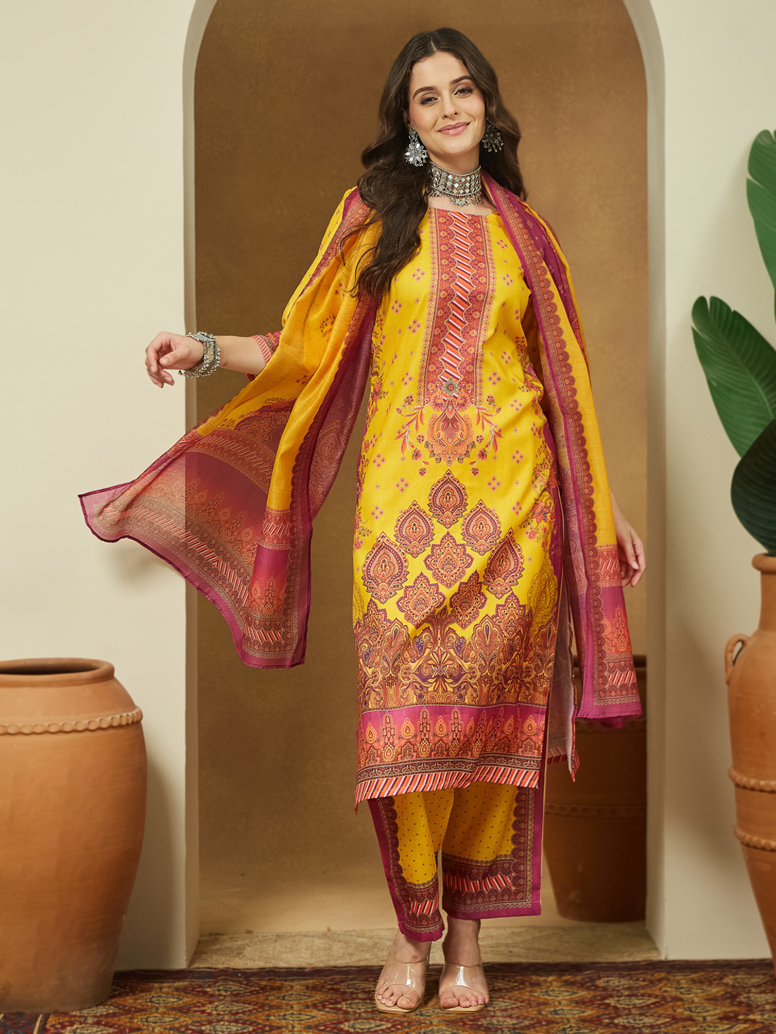 Image of Janasya Women Cotton Blend Kurta Pant Dupatta Set