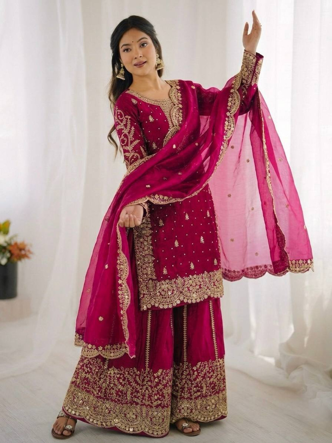 Image of Anghanbrothers Women Kurta Sharara Dupatta Set