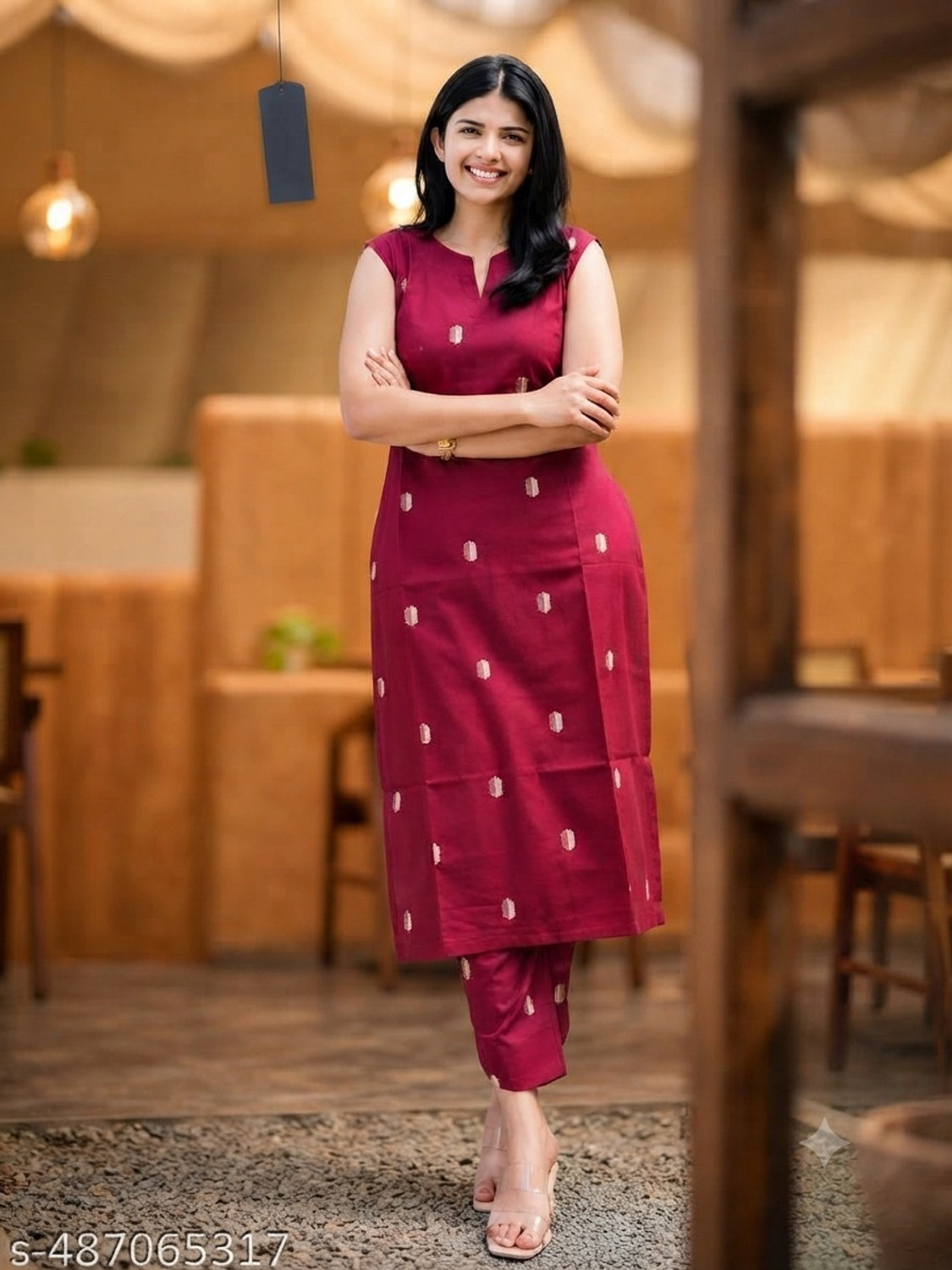 Image of ClickWear Women Cotton Blend, Viscose Rayon Kurta Pant Set