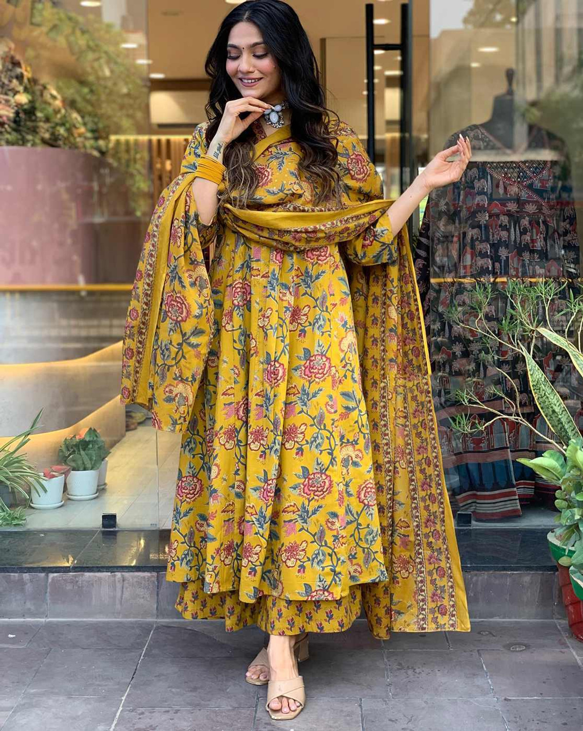 Image of BLACK PATTI Floral Print Anarkali Kurta, Bottom & Dupatta Set