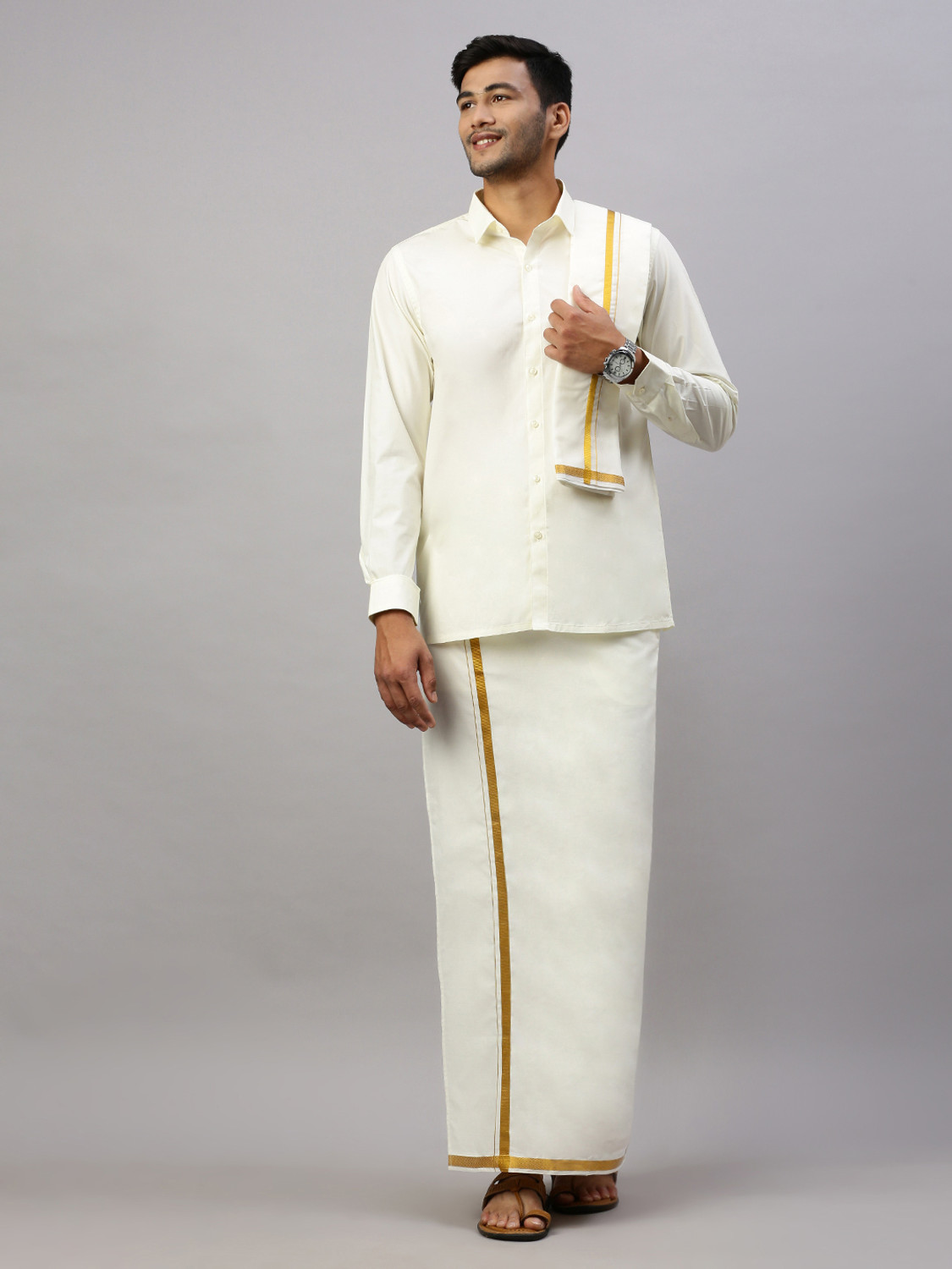 Image of Ramraj Cotton Men Shirt Dhoti Dupatta Set