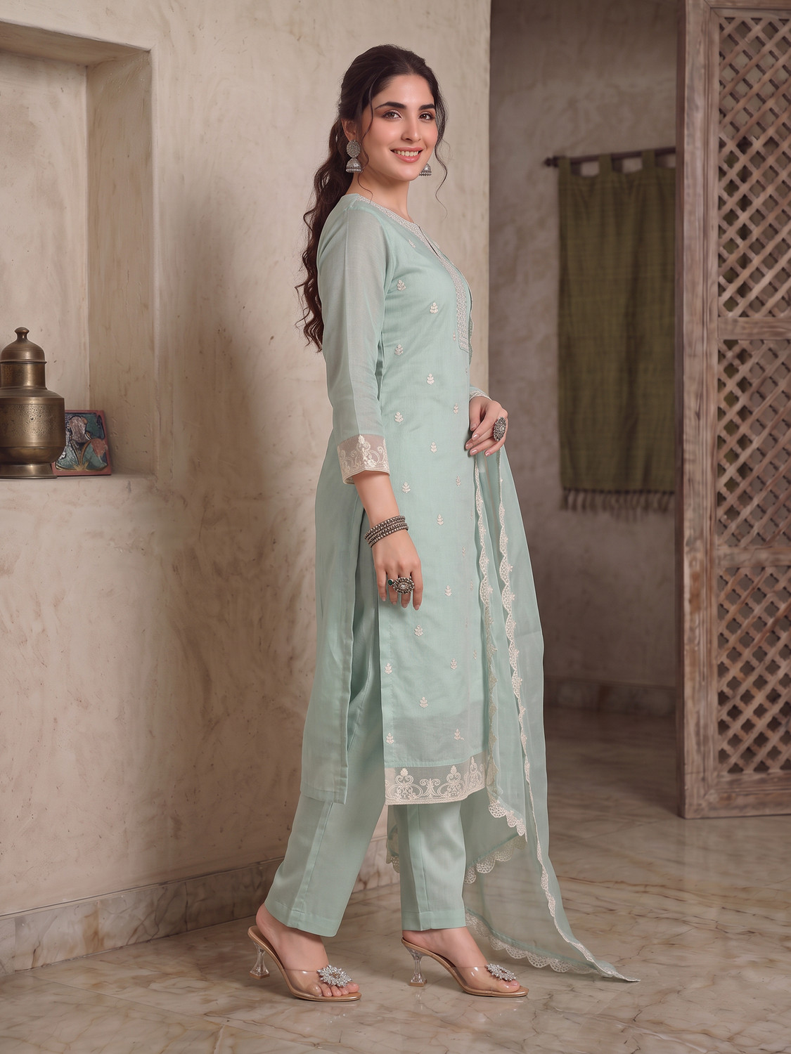 Image of Fabian Fashion Women Chanderi Kurta Pant Dupatta Set