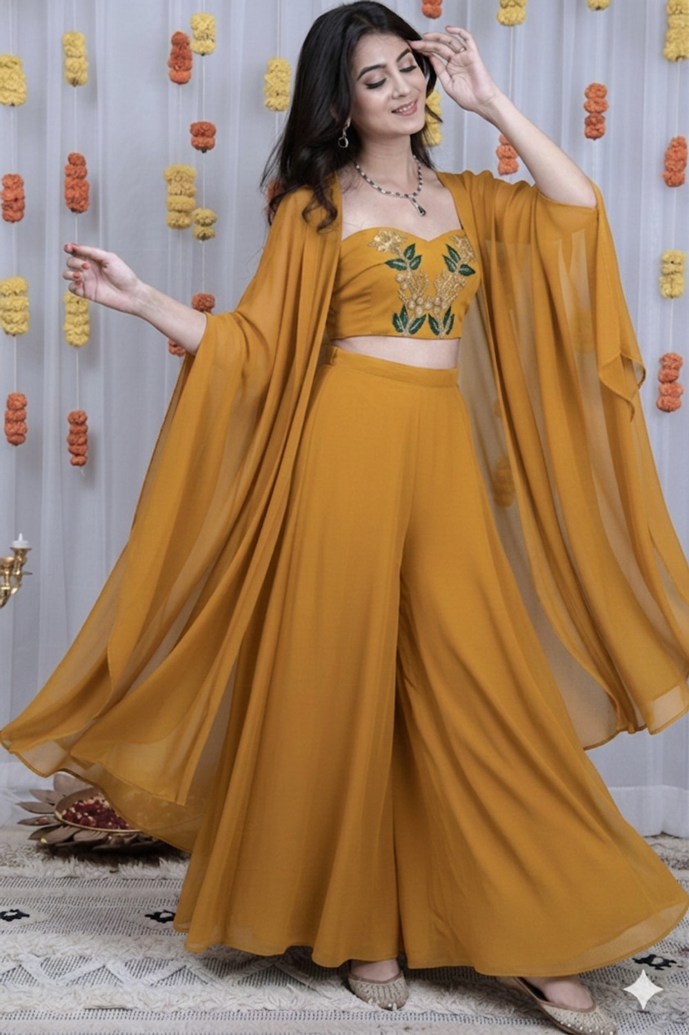 Shrusti Enterprise Women Crop Top Palazzo Cape Set