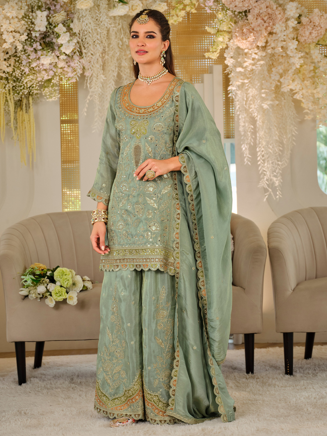 Image of Indo Era Women Kurta Palazzo Dupatta Set