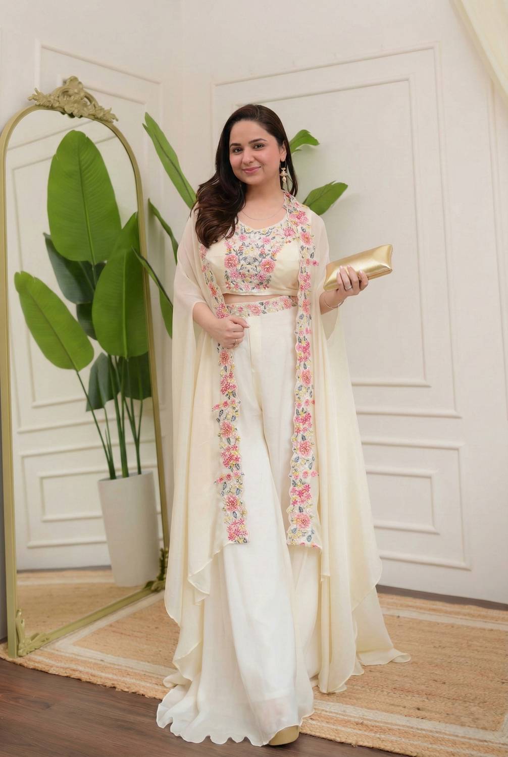 Saidarshan Women Crop Top Palazzo Cape Set