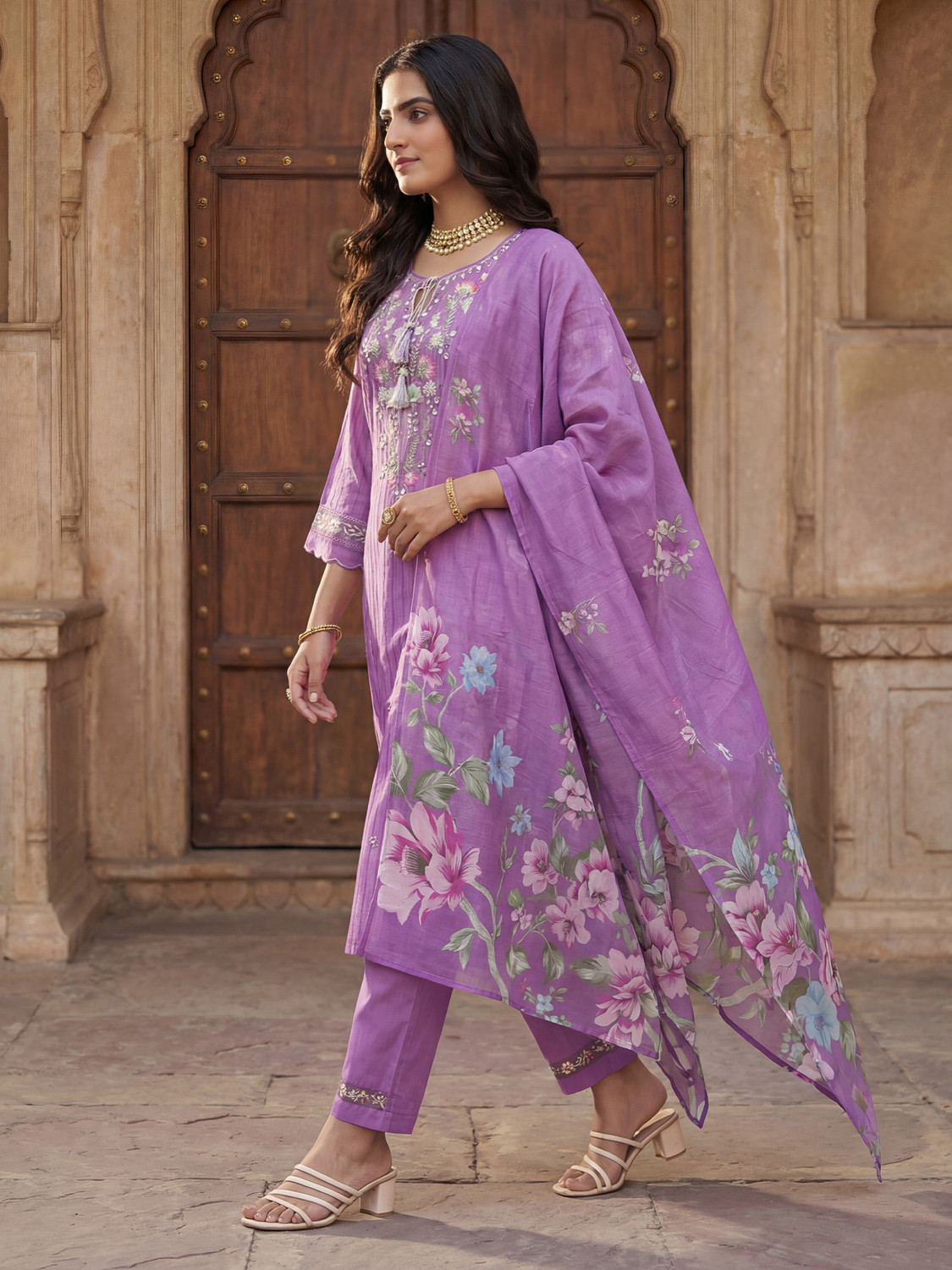 Image of Indo Era Women Pure Cotton Kurta Pant Dupatta Set