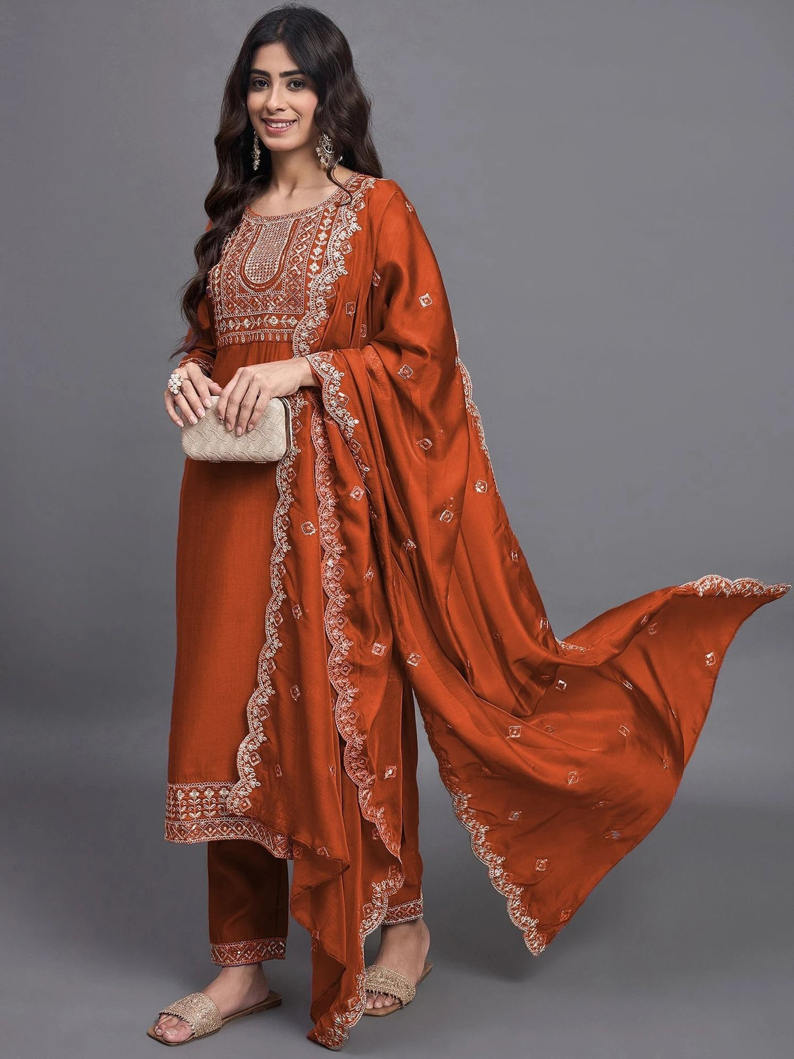 Image of SkyTara Embroidered Kurta, Trouser /Pant & Dupatta Set