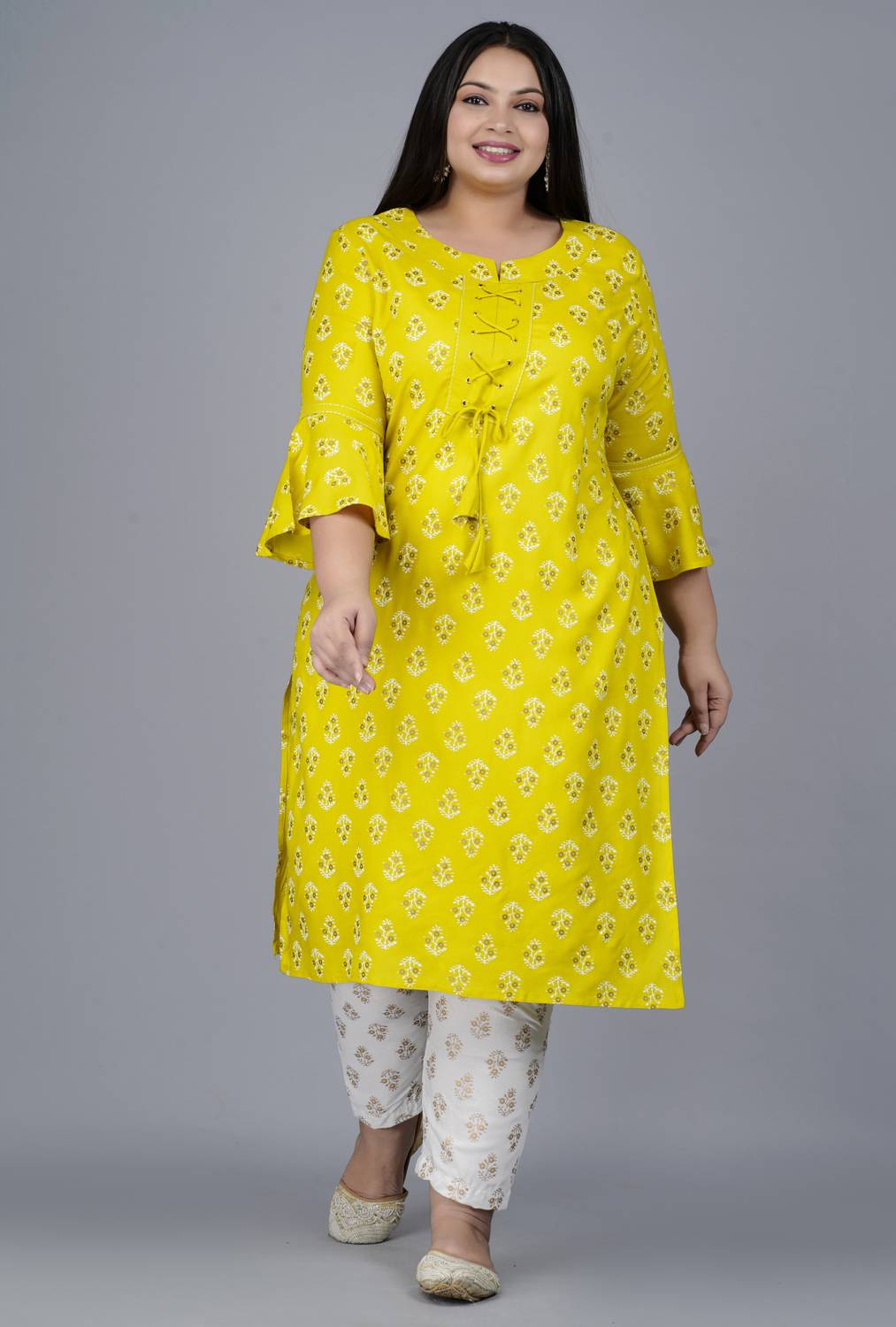 Pearl Ind Women Printed Viscose Rayon Straight Kurta (Yellow, Whi