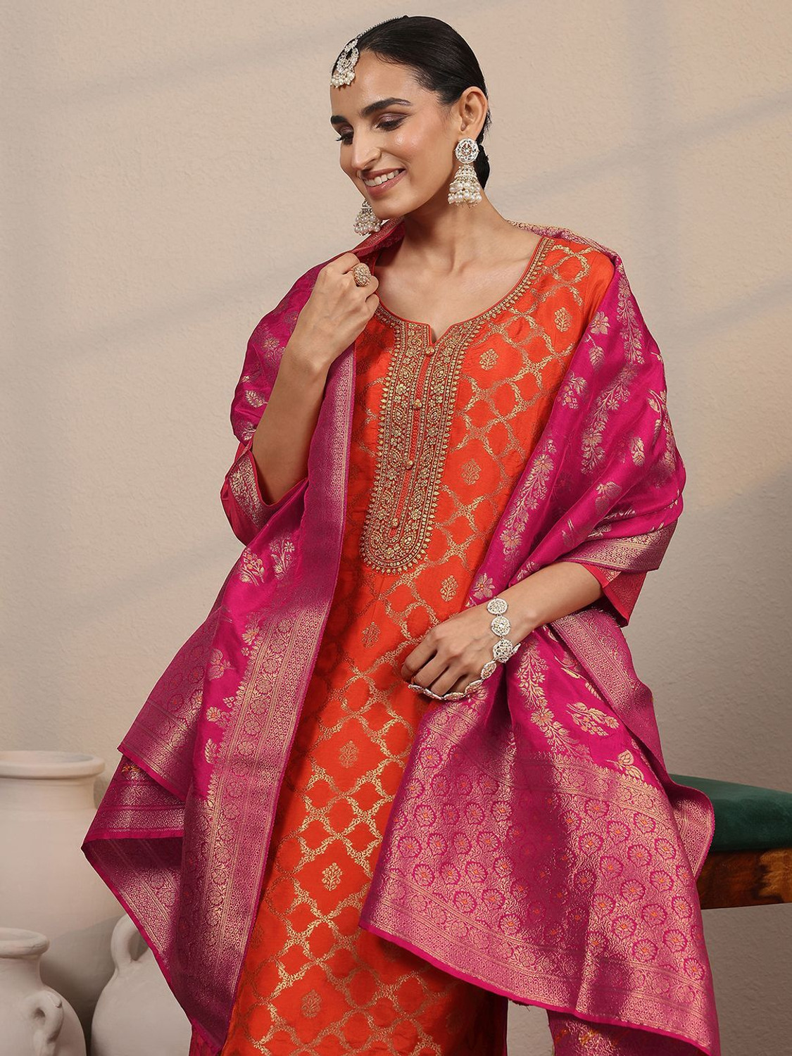 Image of LIBAS Women Silk Blend Kurta Pant Dupatta Set