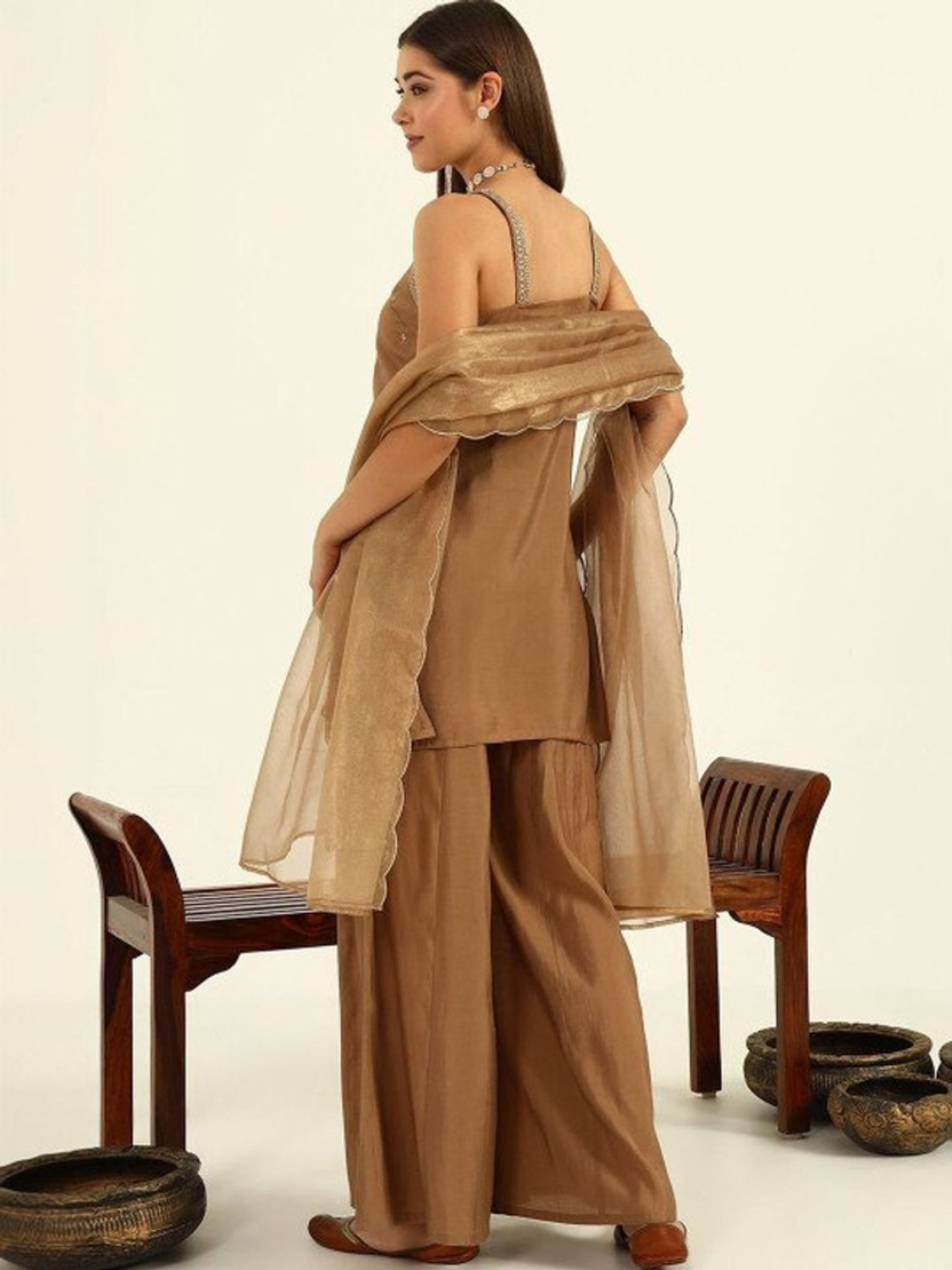 Image of NEEVENTERPRISE Embellished Kurta, Palazzo & Dupatta Set