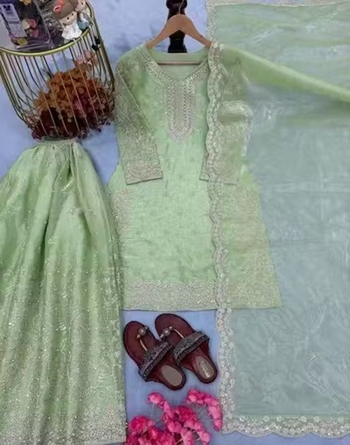 Image of BlissWeave Women Organza Kurta Palazzo Dupatta Set