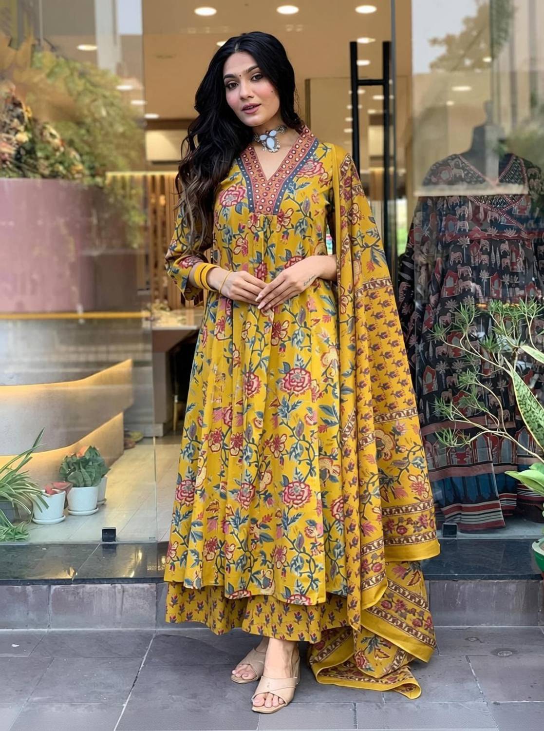 Aayushi Fab Floral Print Anarkali Kurta, Bottom & Dupatta Set