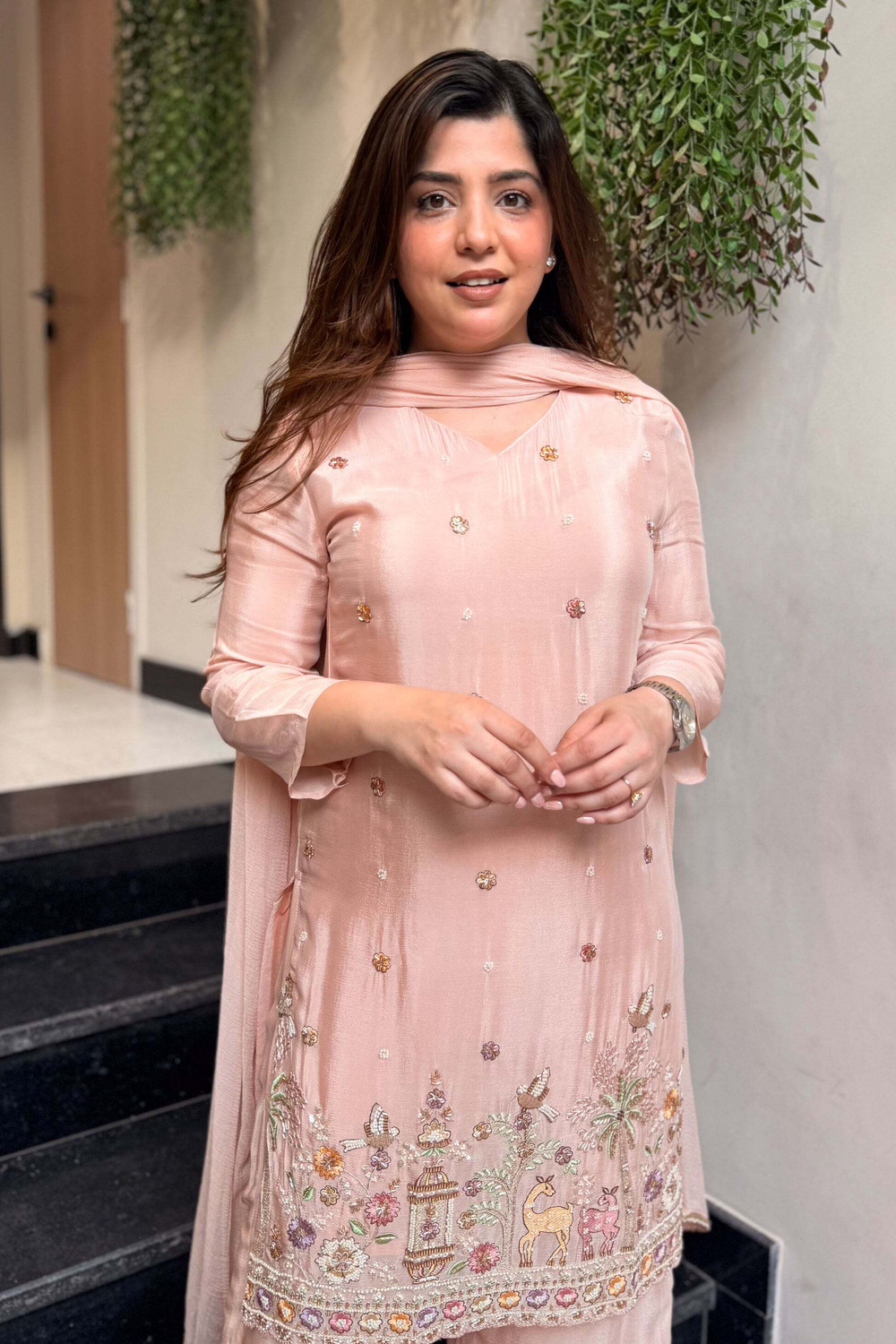 Image of Krisio Embroidered Kurta, Palazzo & Dupatta Set