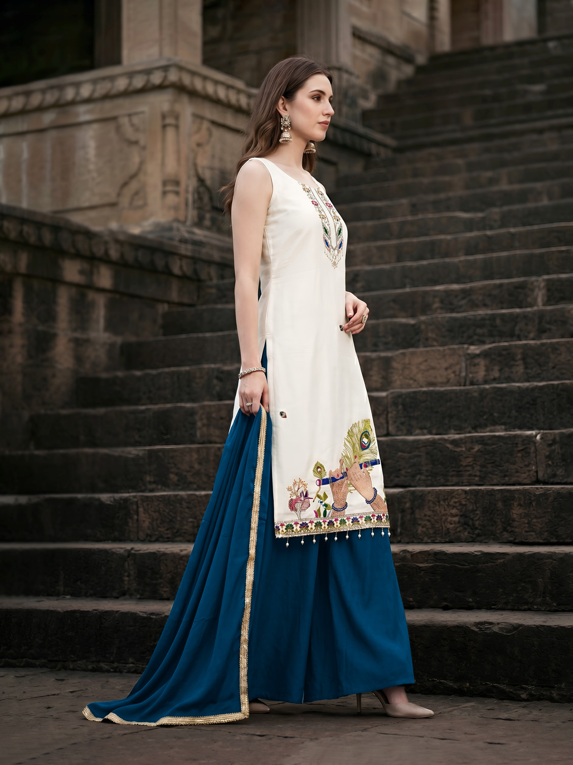 Image of Harekrishna creation Women Kurti Palazzo Dupatta Set