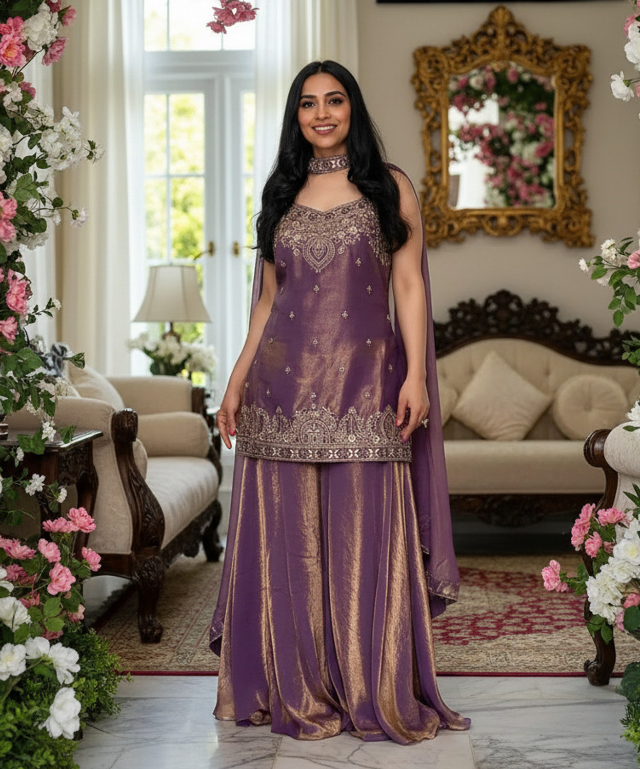 Image of TOMOFON Women Ethnic Top Palazzo Dupatta Set