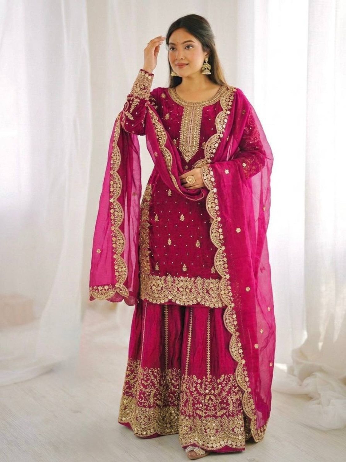 Image of Anghanbrothers Women Kurta Sharara Dupatta Set