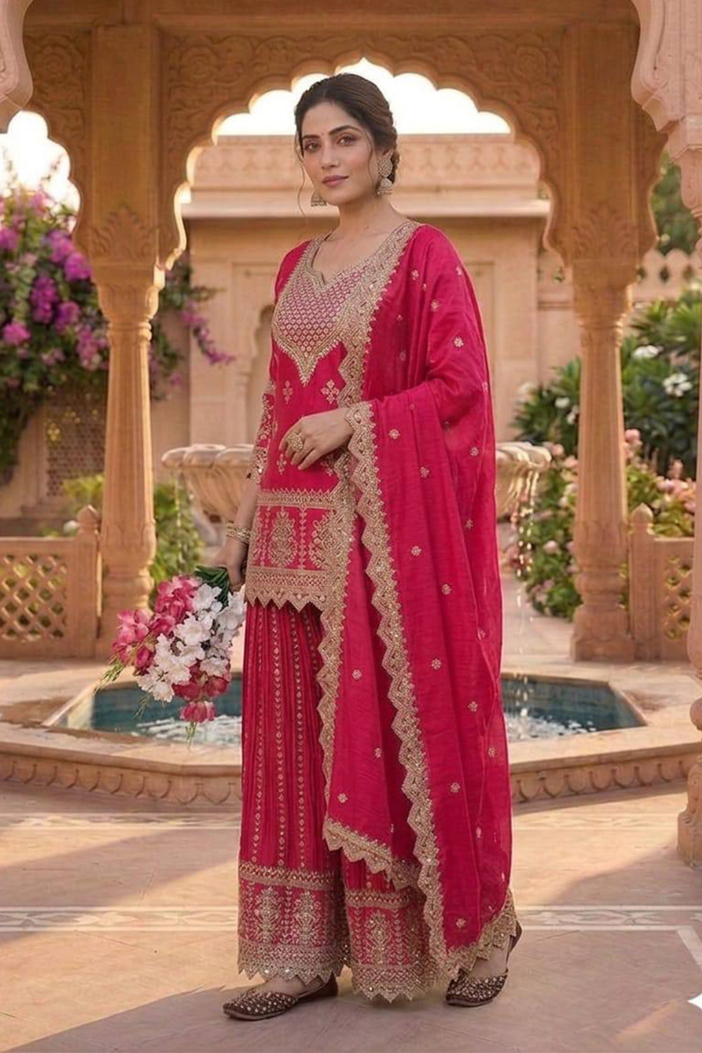 Image of DHRISHUTEXTILE Women Chiffon Ethnic Top Palazzo Dupatta Set