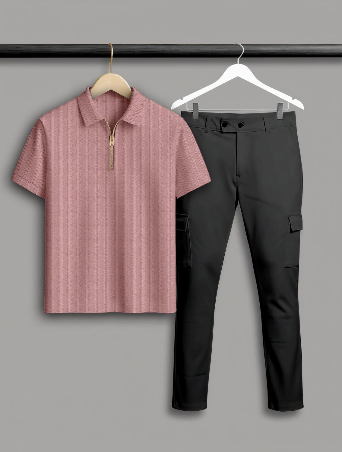 Image of COMBRAIDED Self Design Men Polo Neck Pink, Black T-Shirt