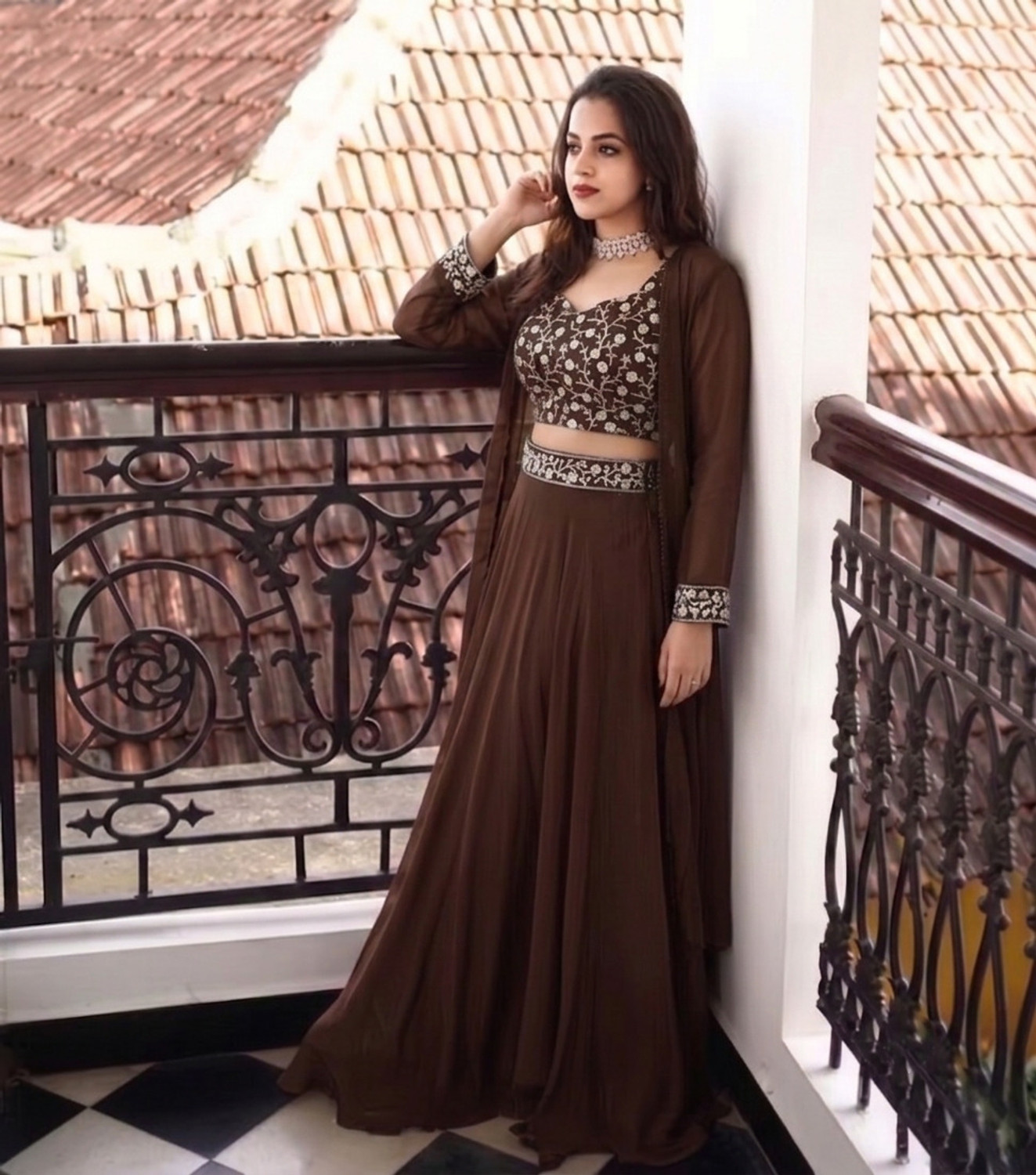 Image of DHARMKUL ENTERPRISE Women Crop Top Skirt Dupatta Set