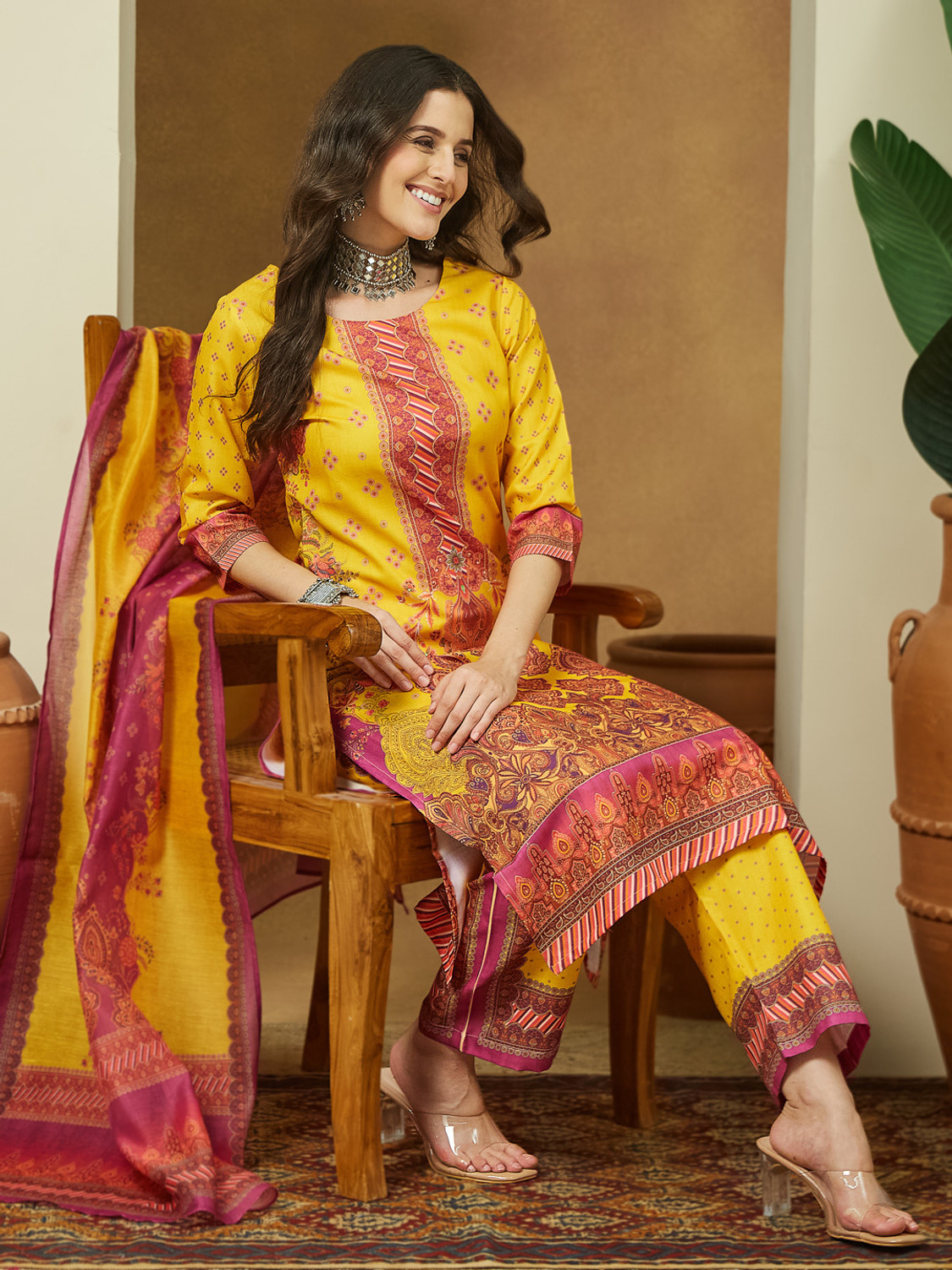 Image of Janasya Women Cotton Blend Kurta Pant Dupatta Set