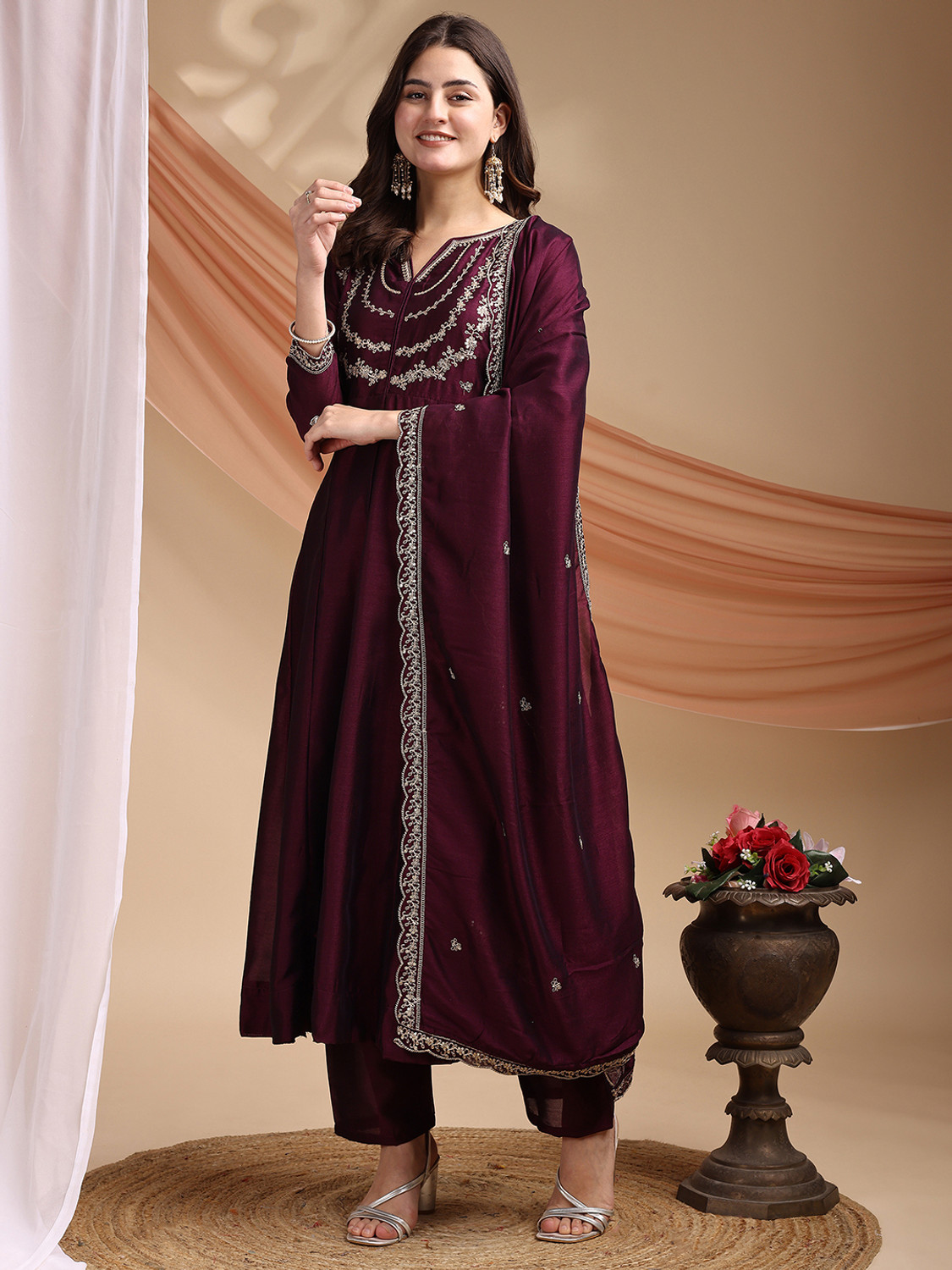 Image of Dharm Fashion Women Silk Blend Kurta Pant Dupatta Set