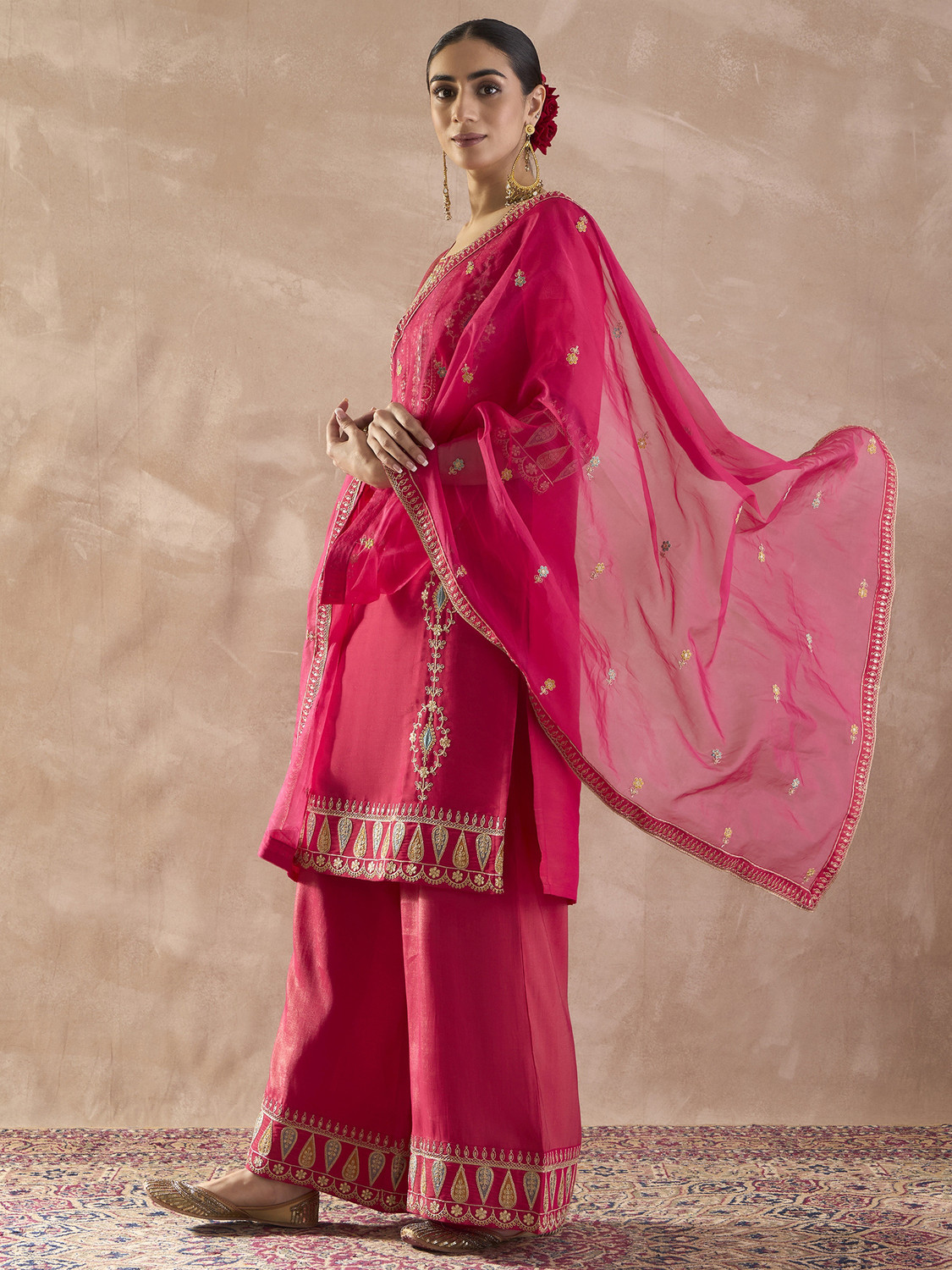 Image of Indo Era Women Silk Blend Kurta Palazzo Dupatta Set