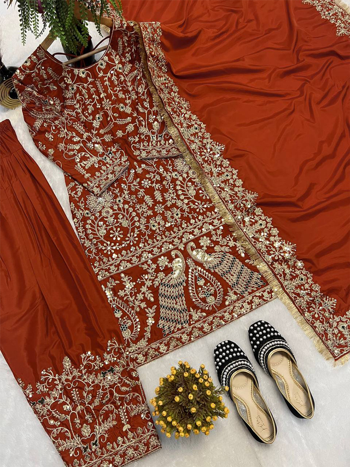 Image of ADOLTEXTILE Women Ethnic Top Palazzo Dupatta Set