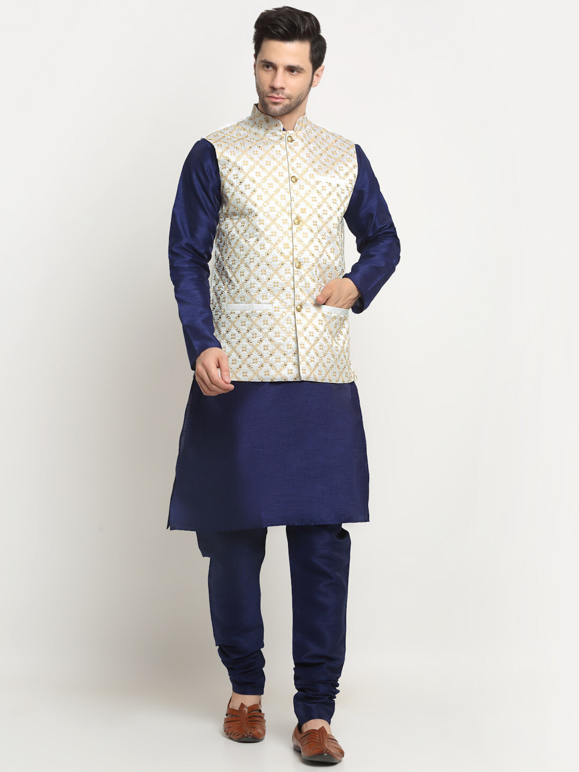 Image of kraft india Men Silk Blend Kurta Pyjama Ethnic Jacket Set