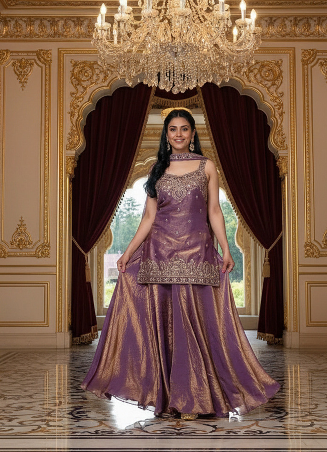 Image of TOMOFON Women Ethnic Top Palazzo Dupatta Set