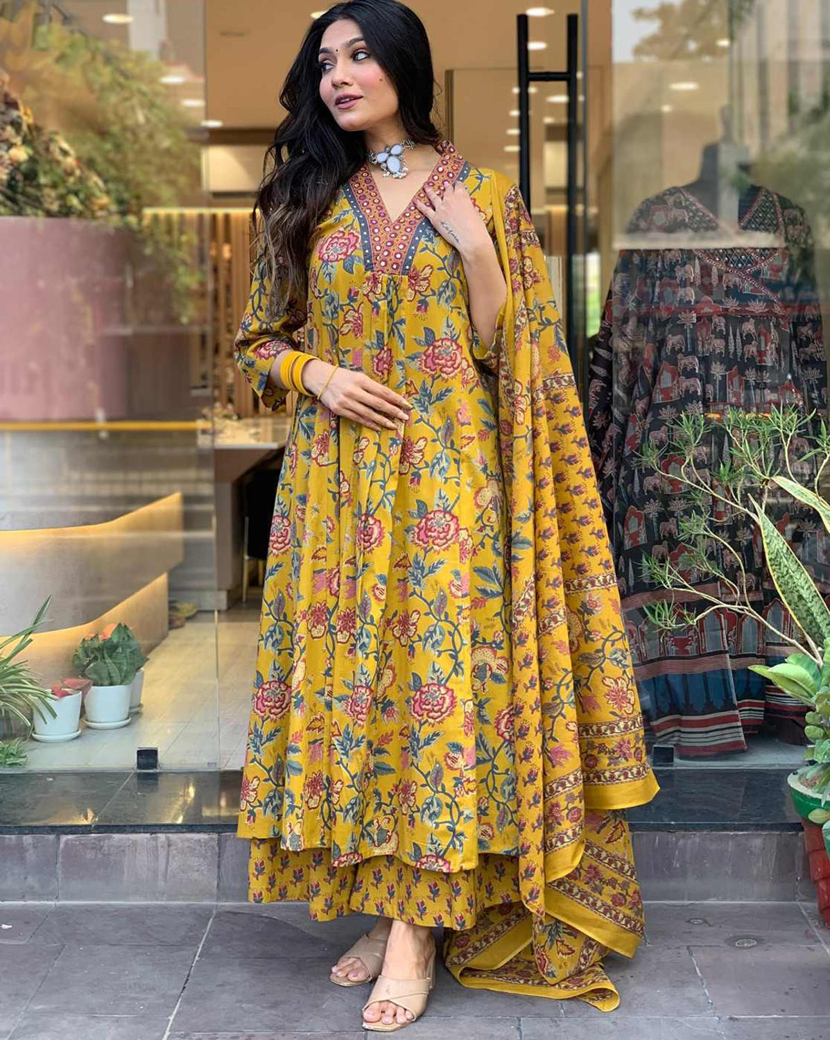 Image of BLACK PATTI Floral Print Anarkali Kurta, Bottom & Dupatta Set