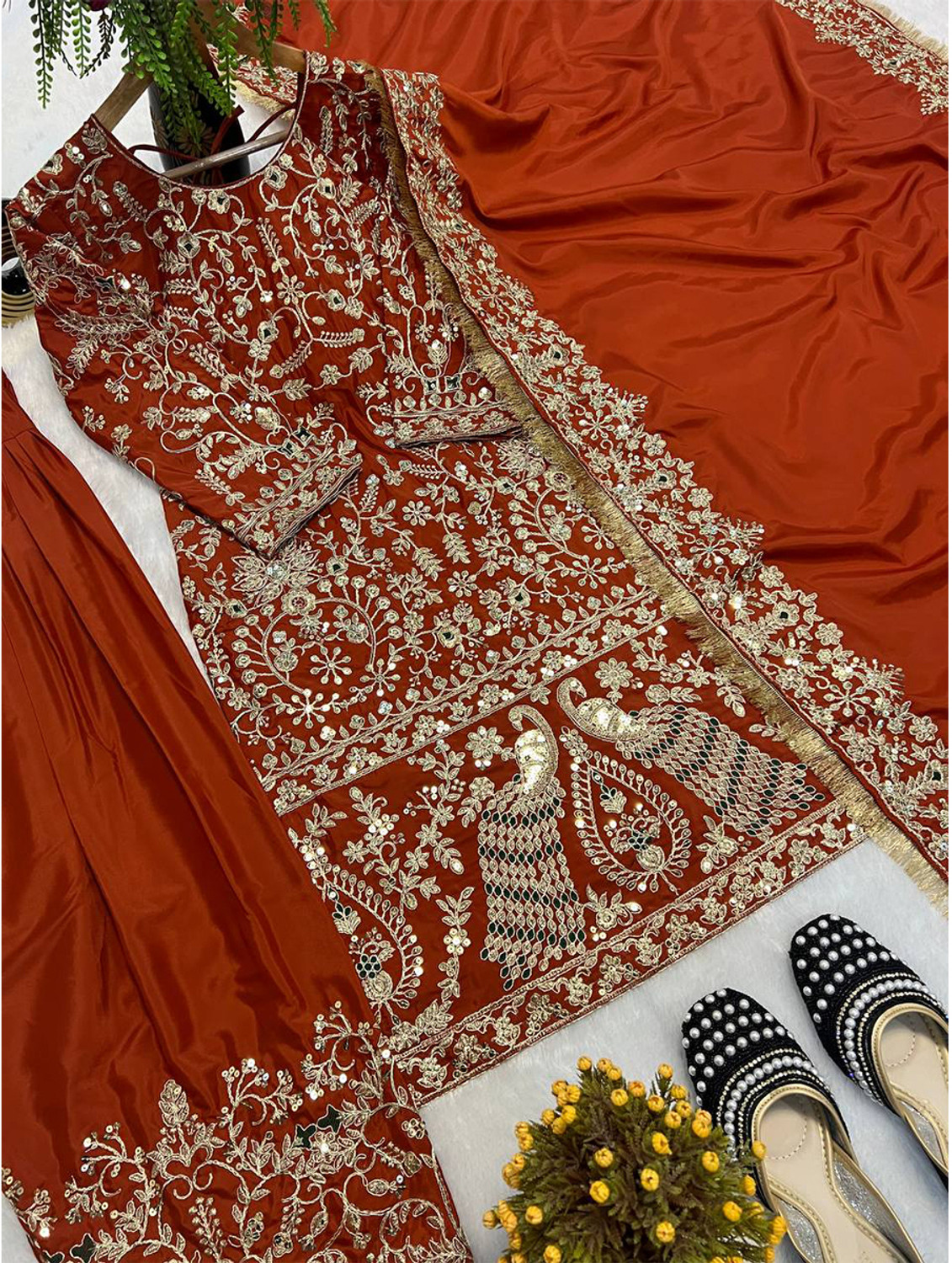 Image of ADOLTEXTILE Women Ethnic Top Palazzo Dupatta Set