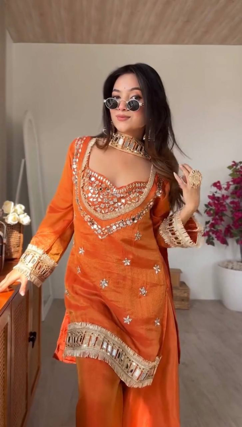 Image of RILLOURA Women Kurti Palazzo Dupatta Set