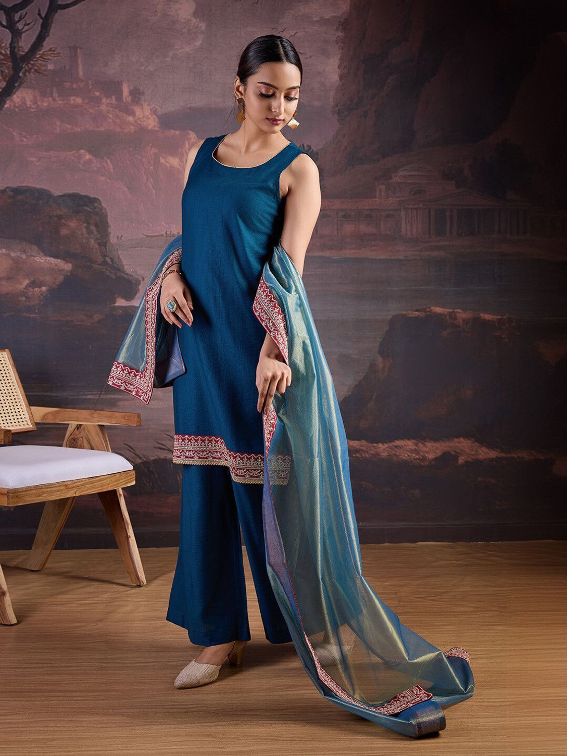 Image of House of Pataudi Women Kurta Palazzo Dupatta Set