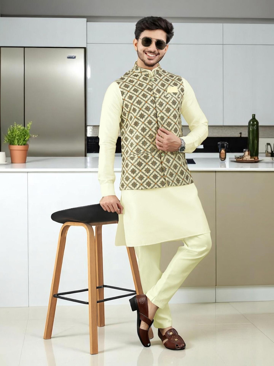 TRUST OUS Men Kurta Pyjama Ethnic Jacket Set
