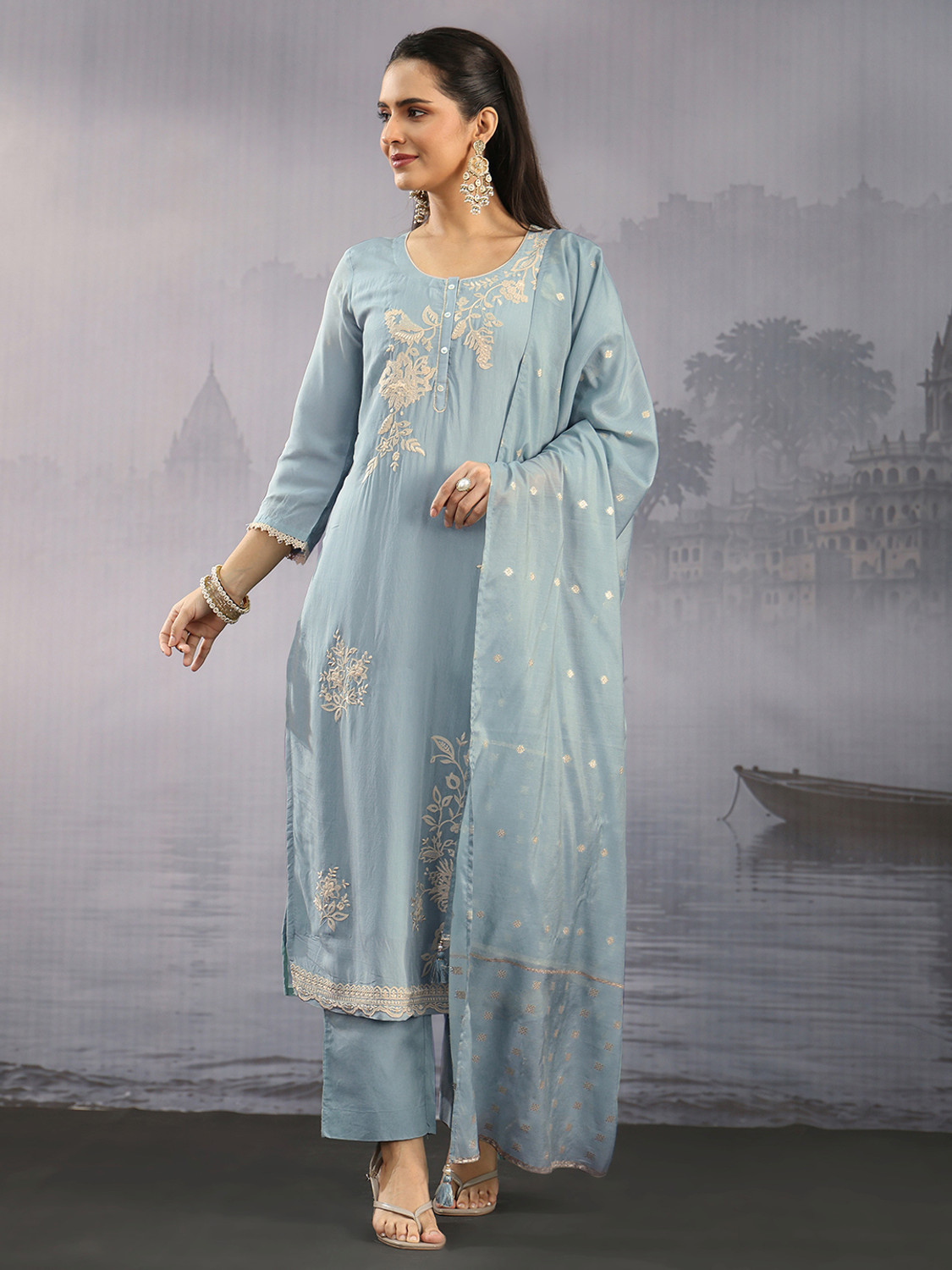 Image of LIBAS Women Chanderi Kurta Pant Dupatta Set