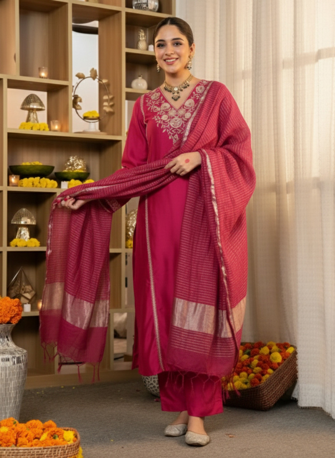 Image of Nermosa Women Kurta Pant Dupatta Set