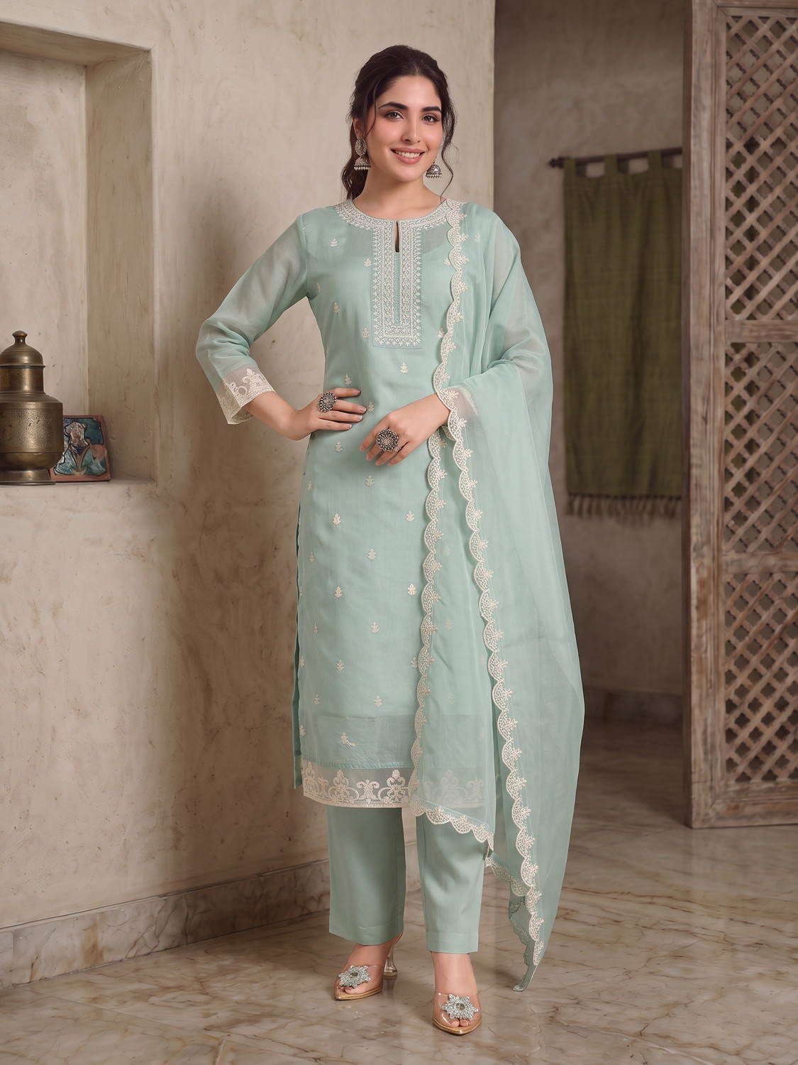 Image of Fabian Fashion Women Chanderi Kurta Pant Dupatta Set