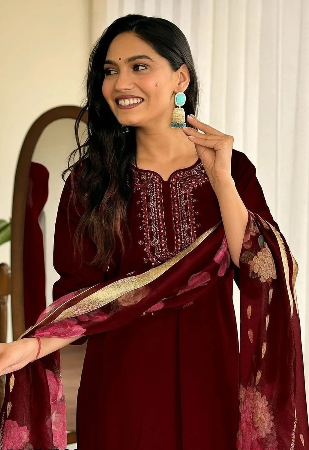 Image of DharaCretionn Embroidered Kurta, Churidar & Dupatta Set