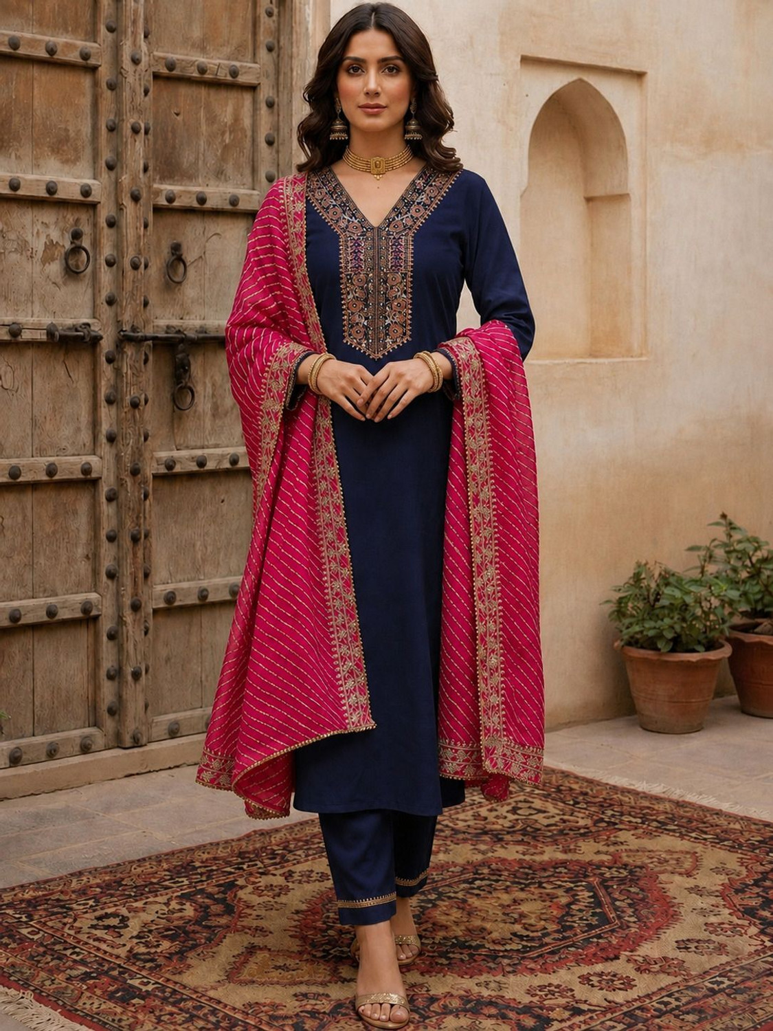 Image of Geohub Women Kurti Palazzo Dupatta Set