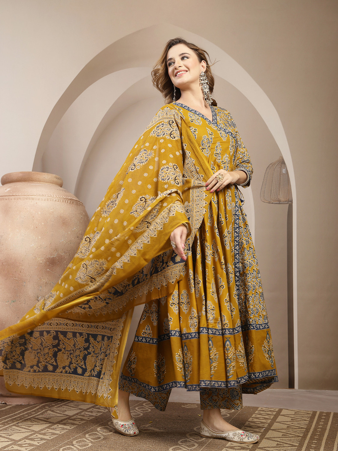 Image of Nishabd Women Cotton Blend Kurta Palazzo Dupatta Set